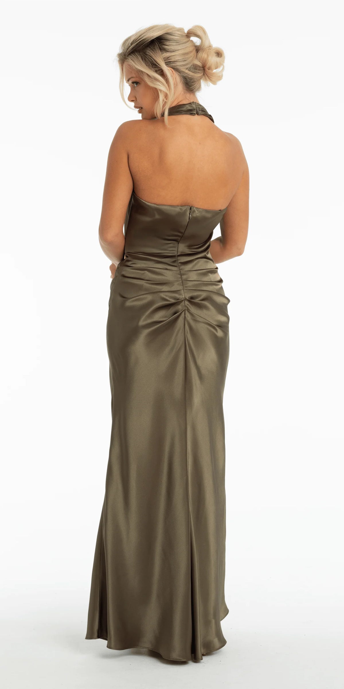 Satin Asymmetrical Neck Blouson Column Dress with Back Ruching