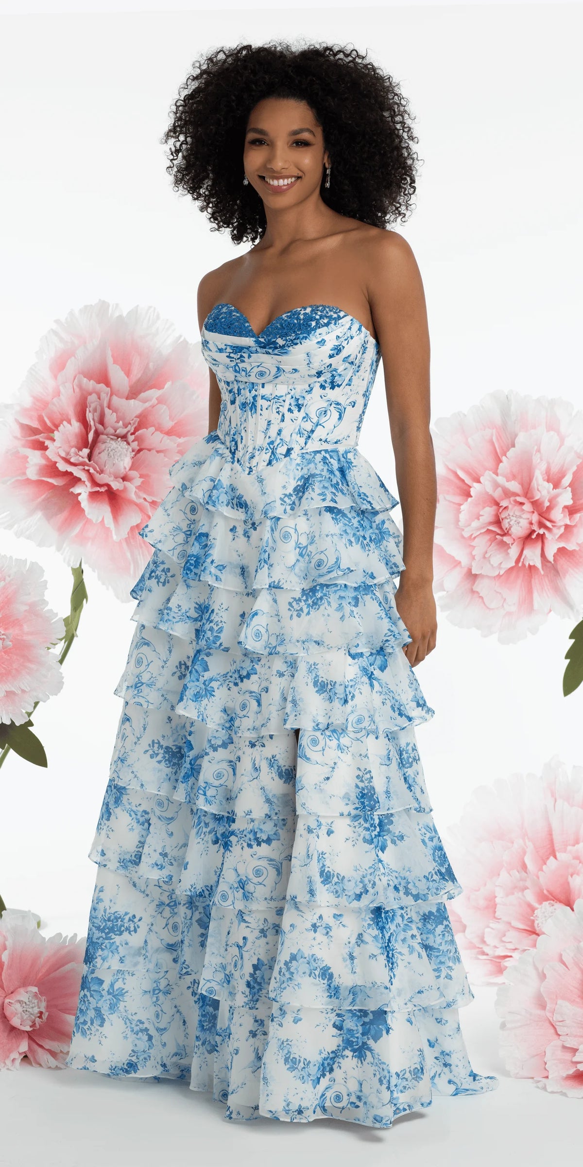 Chiffon Floral Print Corset Tiered Ballgown
