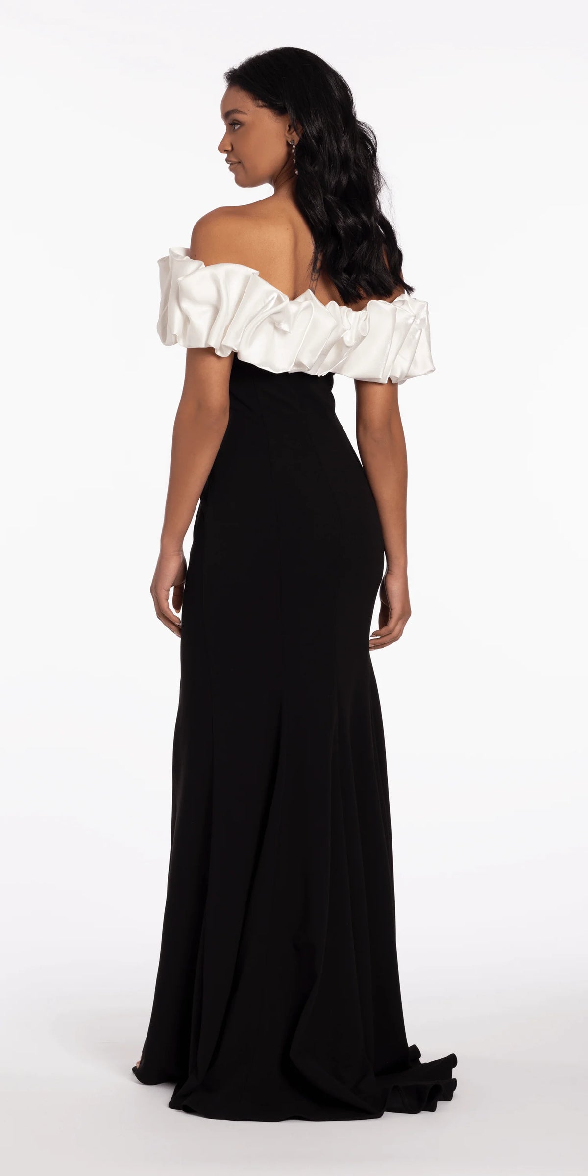 Two Tone Ruffle Off the Shoulder Crepe Trumpet Dress