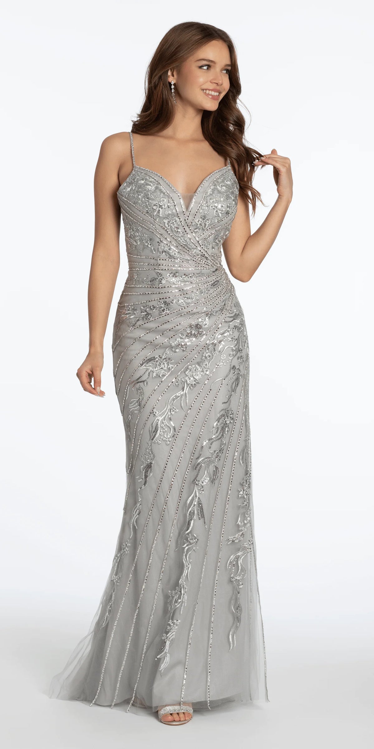 Mesh Metallic Embroidered Sweetheart Column Dress