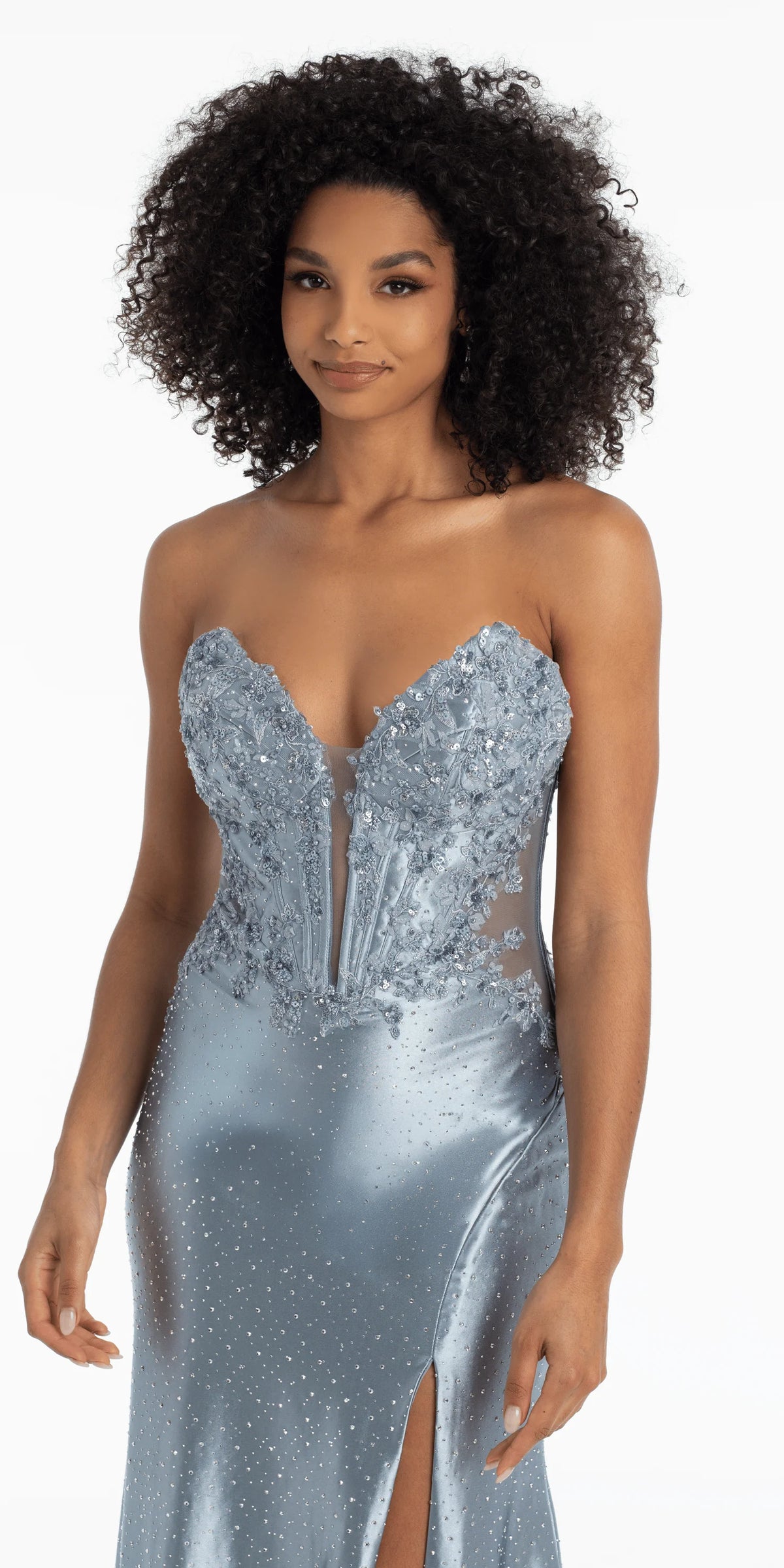 Strapless Embroidered Plunge Corset Trumpet Dress with Heat Set Stones