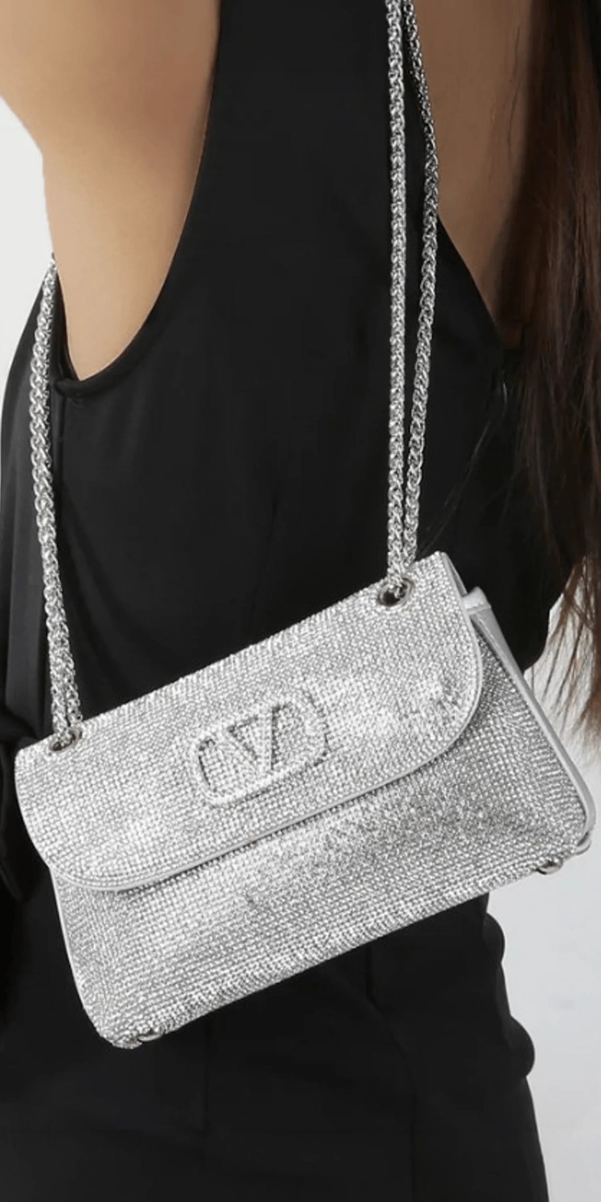 Rhinestone 1 2 Flap Handbag with Chain Link Strap