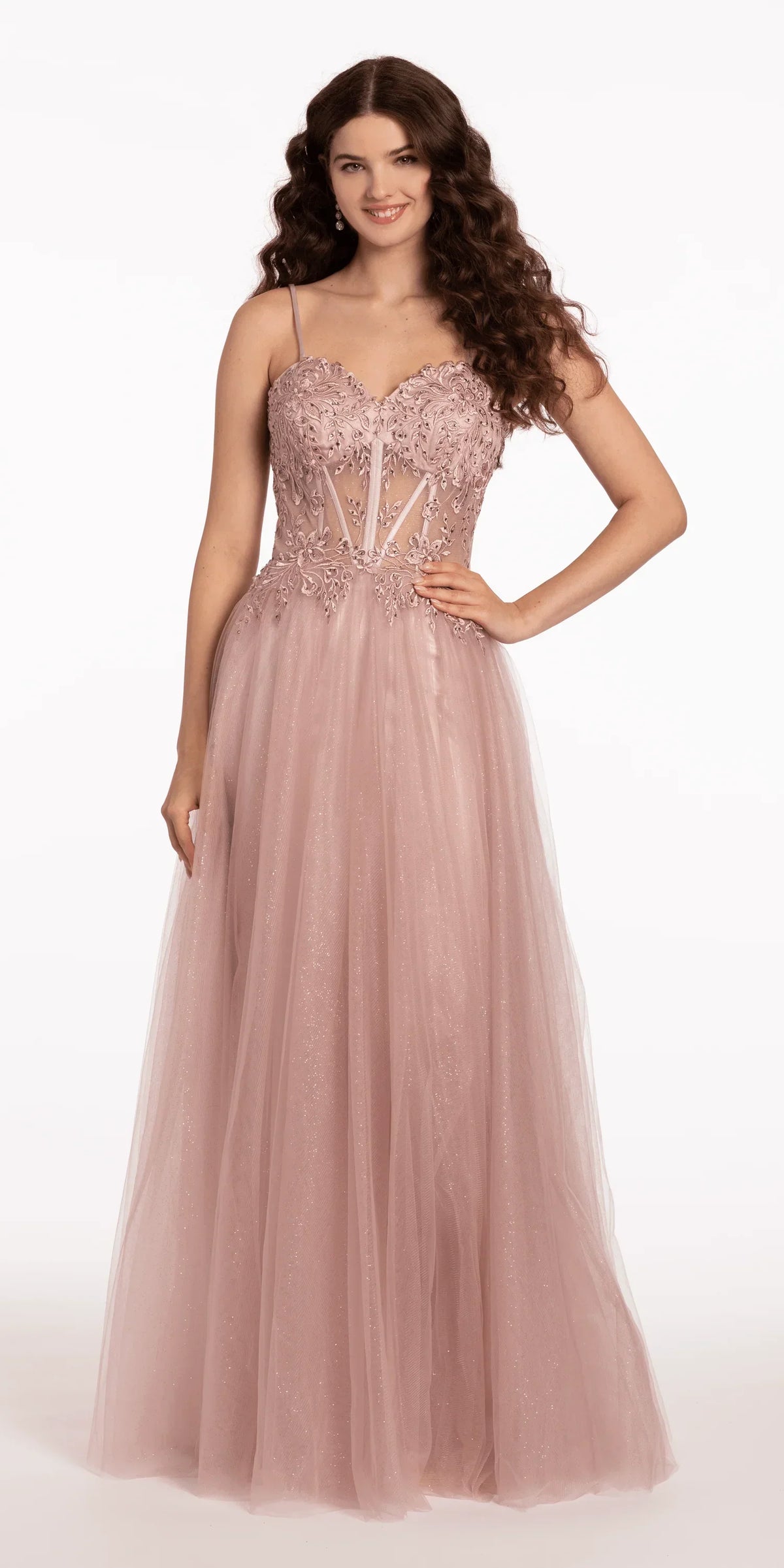 Glitter Tulle Lace Up Back Embroidered A Line Dress