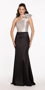 Two Tone Rosette One Shoulder Satin Trumpet Dress