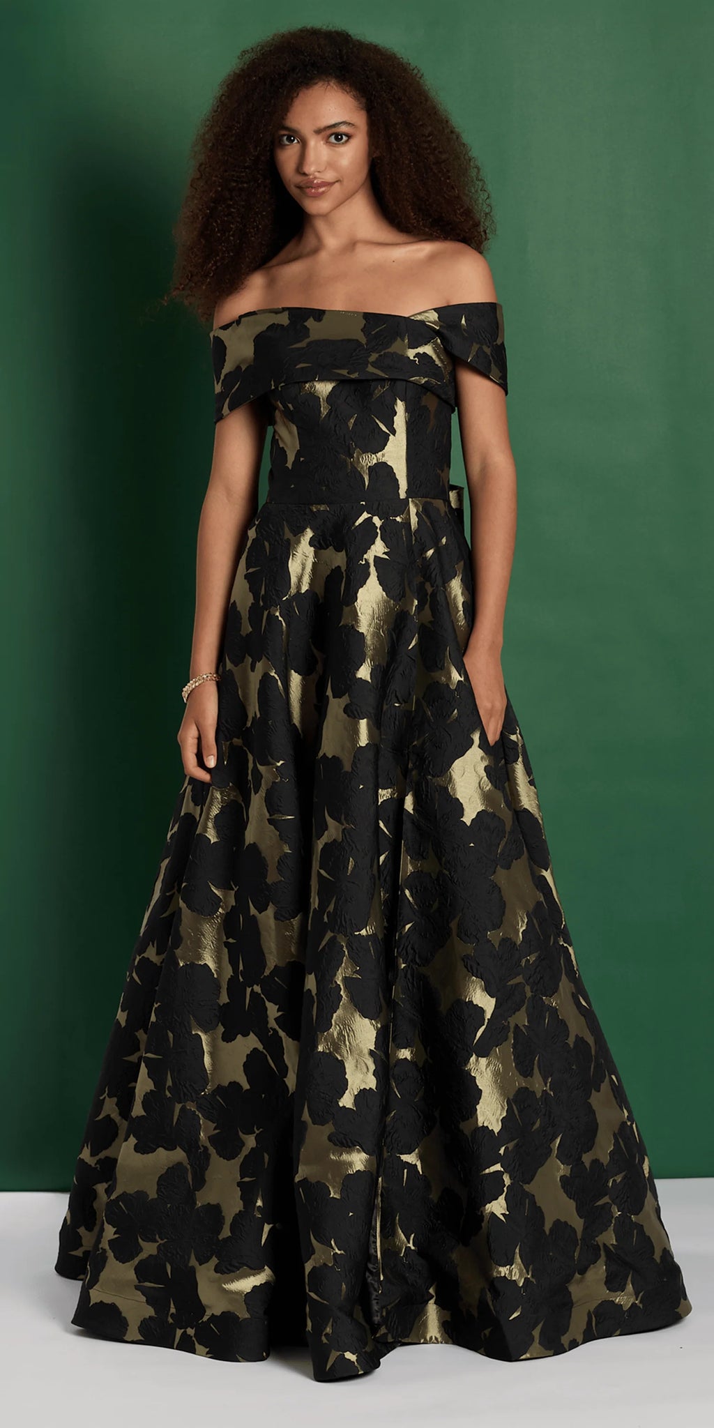 Off the Shoulder Floral Jacquard A Line Dress with Bow