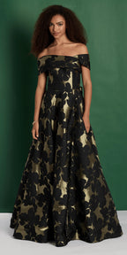 Off the Shoulder Floral Jacquard A Line Dress with Bow