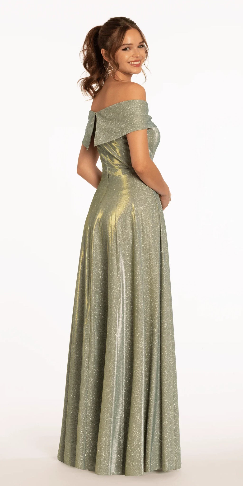 Two Tone Metallic Off the Shoulder Mock Wrap Dress