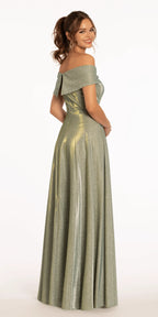 Two Tone Metallic Off the Shoulder Mock Wrap Dress