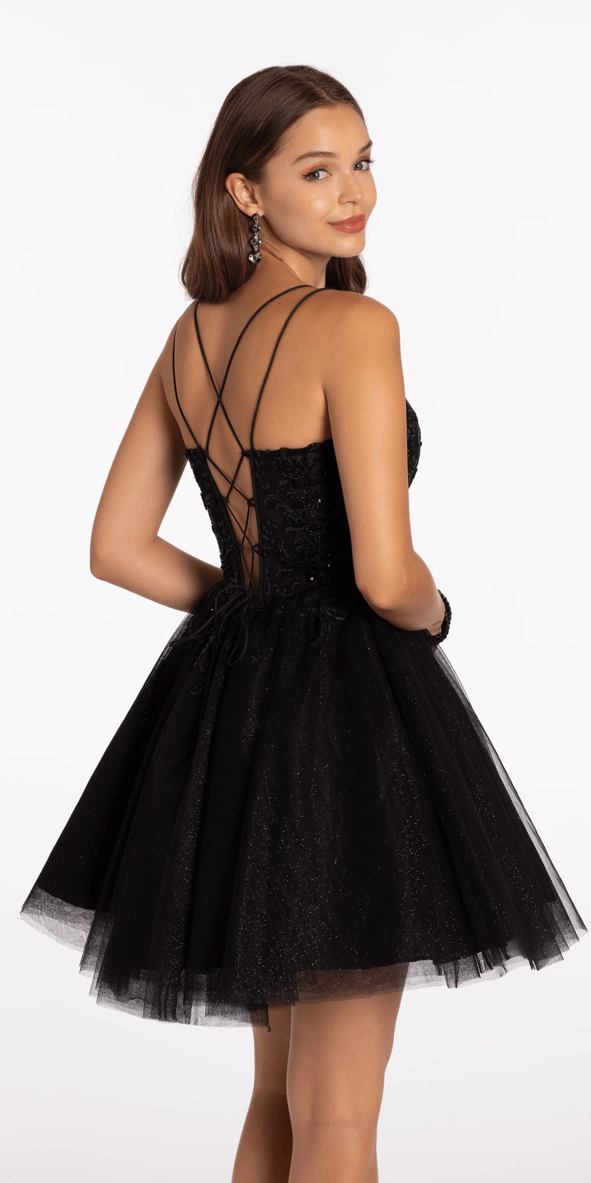 Mesh Plunge Fit and Flare Dress with Beaded Appliques
