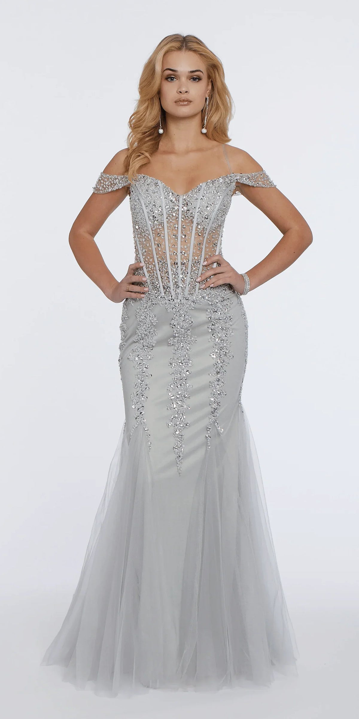 Illusion Corset Off the Shoulder Godet Dress