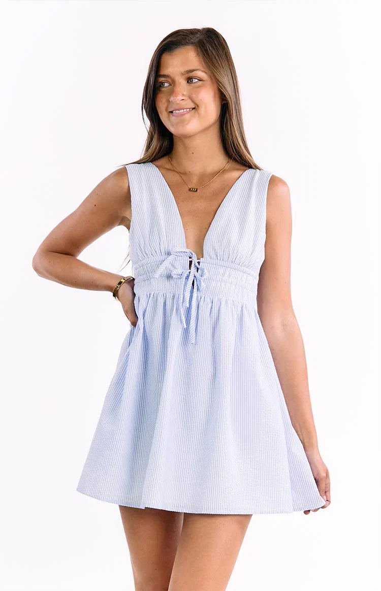 Saffron Blue Stripe Tie Mini Dress