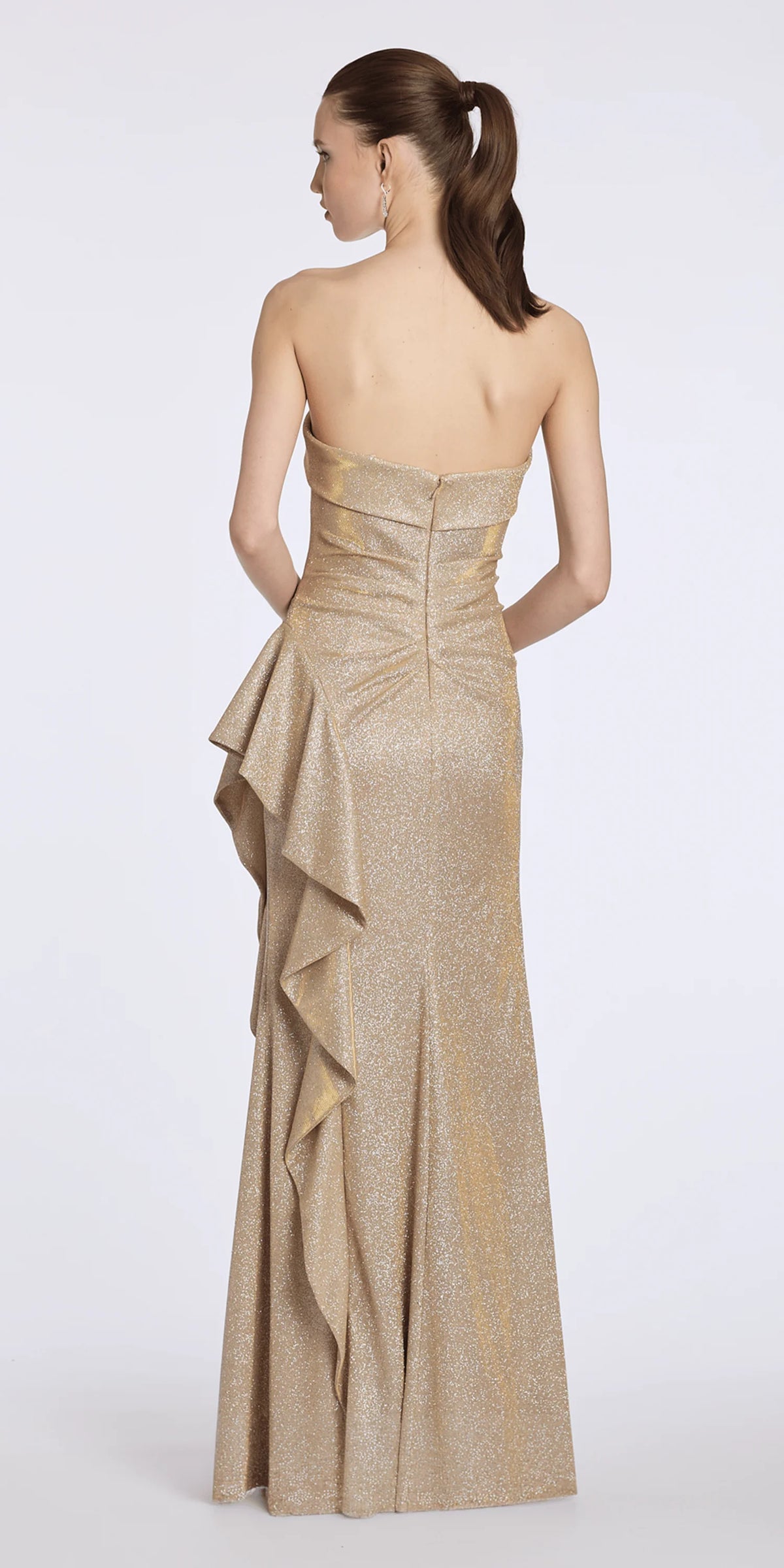 Strapless Cuff Glitter Knit Column Dress with Side Cascade