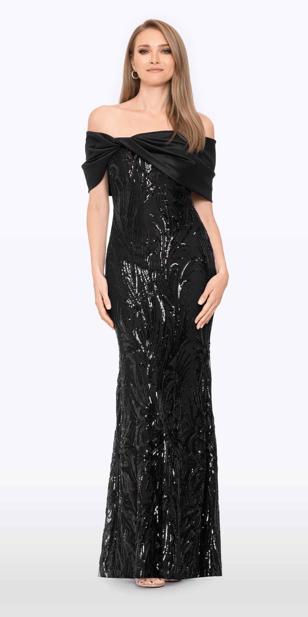 Taffeta Twist Off the Shoulder Embellished Mesh Trumpet Dress