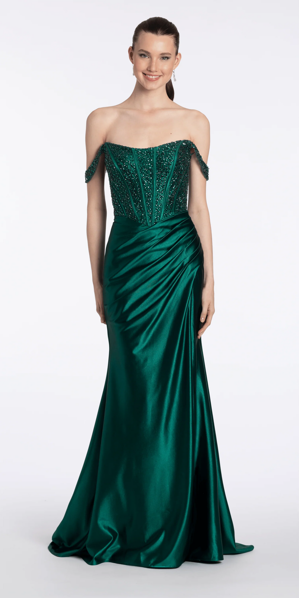 Embellished Off the Shoulder Sateen Corset Dress with Ruching