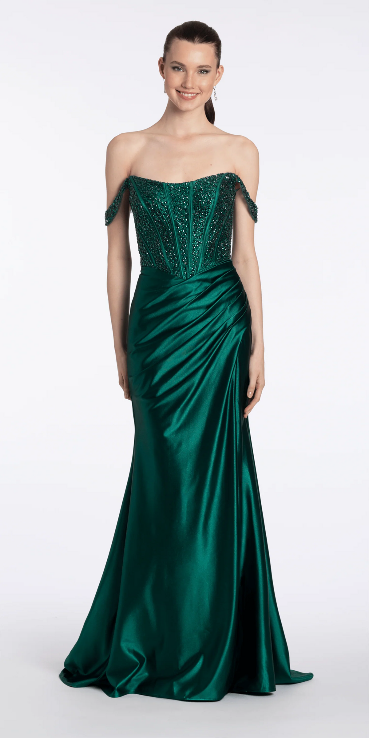 Embellished Off the Shoulder Sateen Corset Dress with Ruching