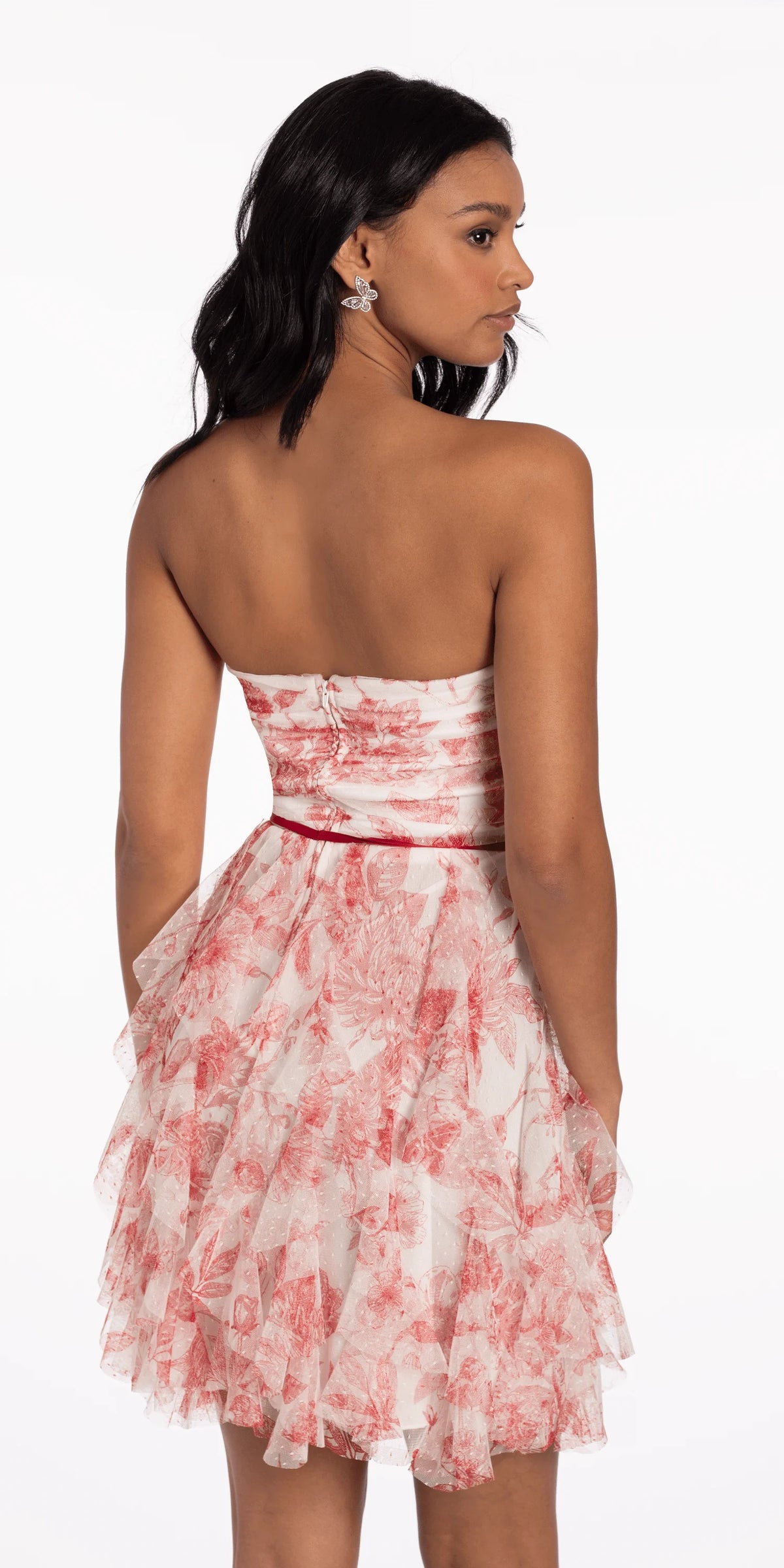 Strapless Floral Mesh Tiered Fit and Flare Dress