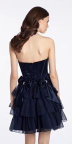 Strapless Satin and Chiffon Fit and Flare Dress with Bows