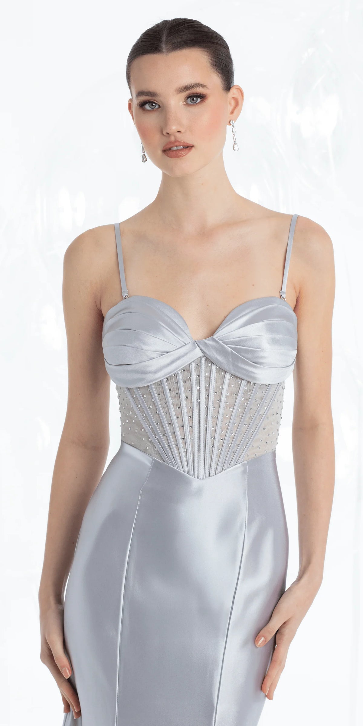 Sweetheart Satin Illusion Corset Trumpet Dress with Heat Set Beads