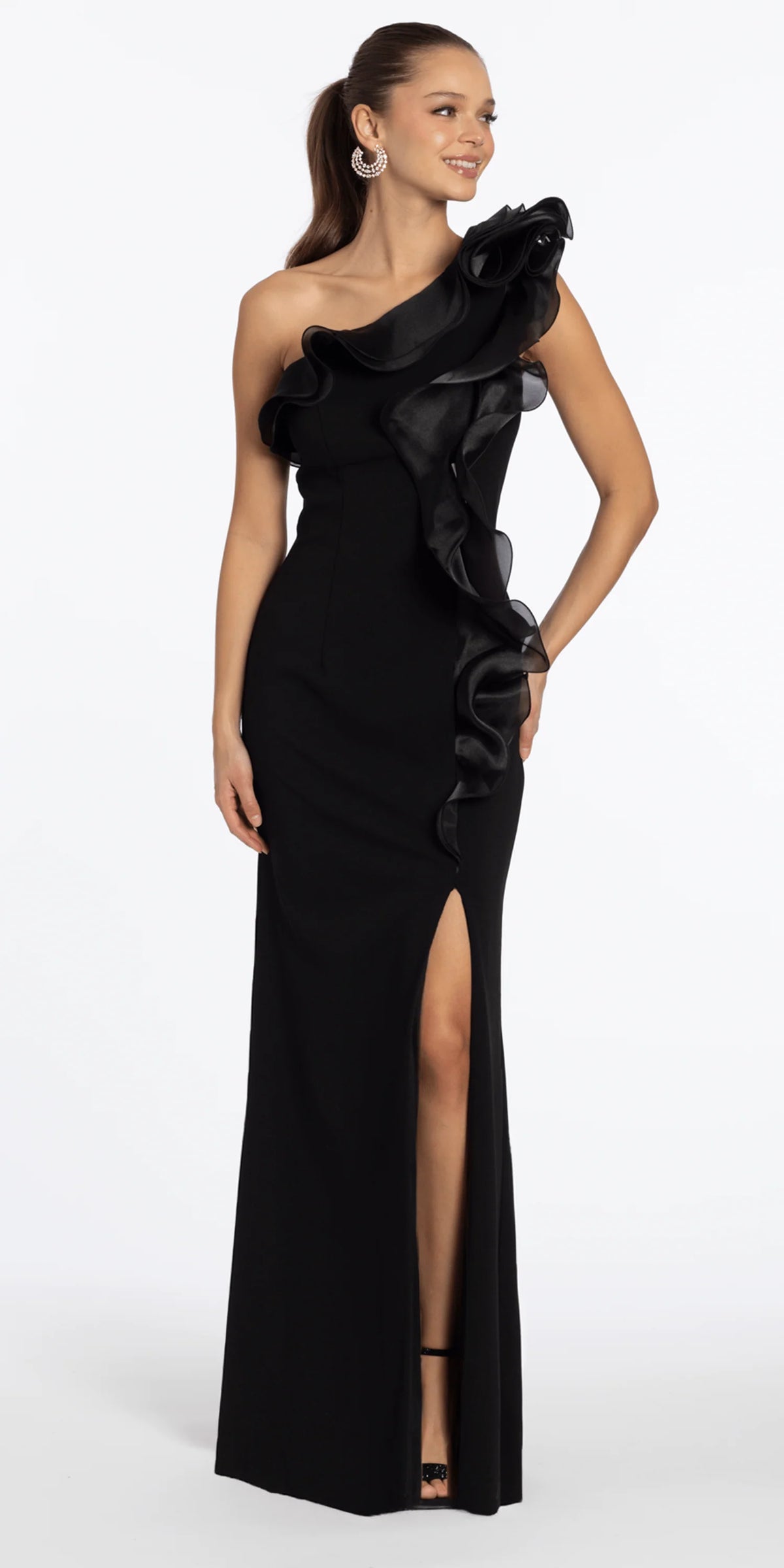 One Shoulder Scuba Column Dress with Organza Ruffle