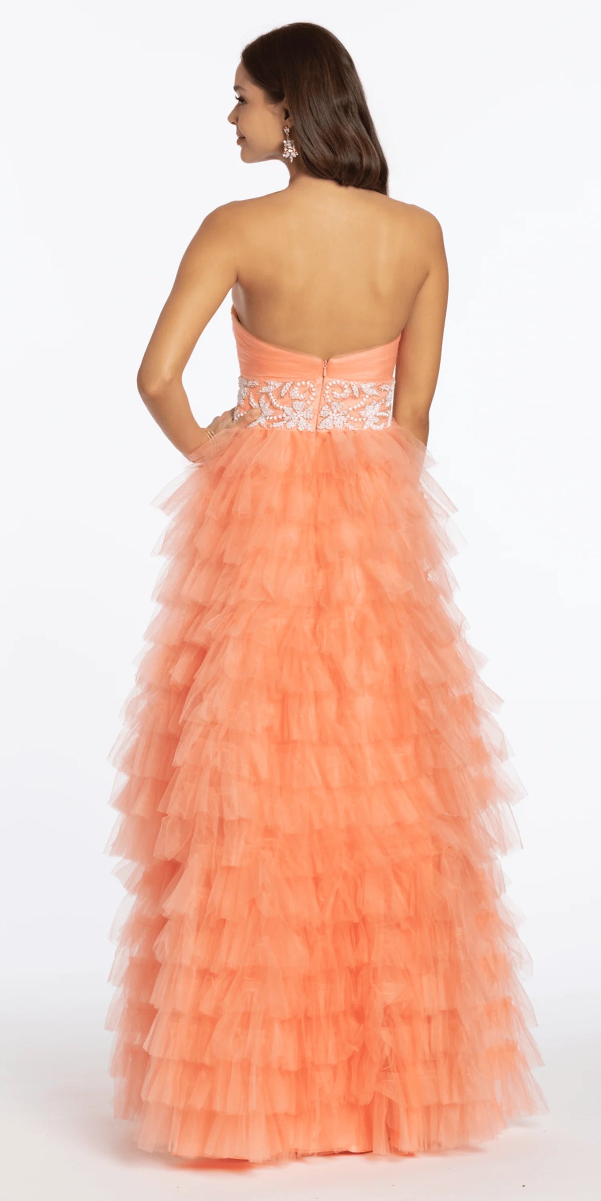 Strapless Tiered Mesh Ballgown with Keyhole and Beading