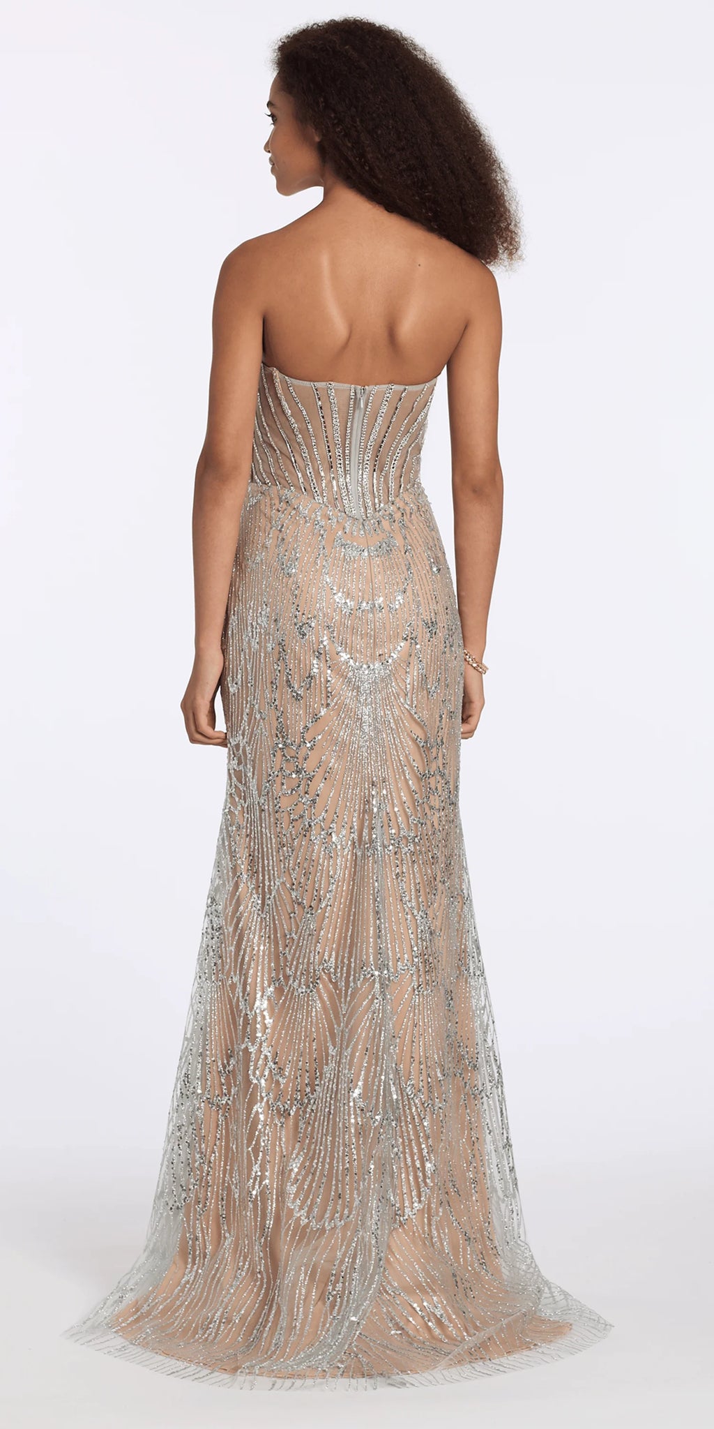 Strapless Rhinestone Illusion Glitter Mesh Corset Column Dress