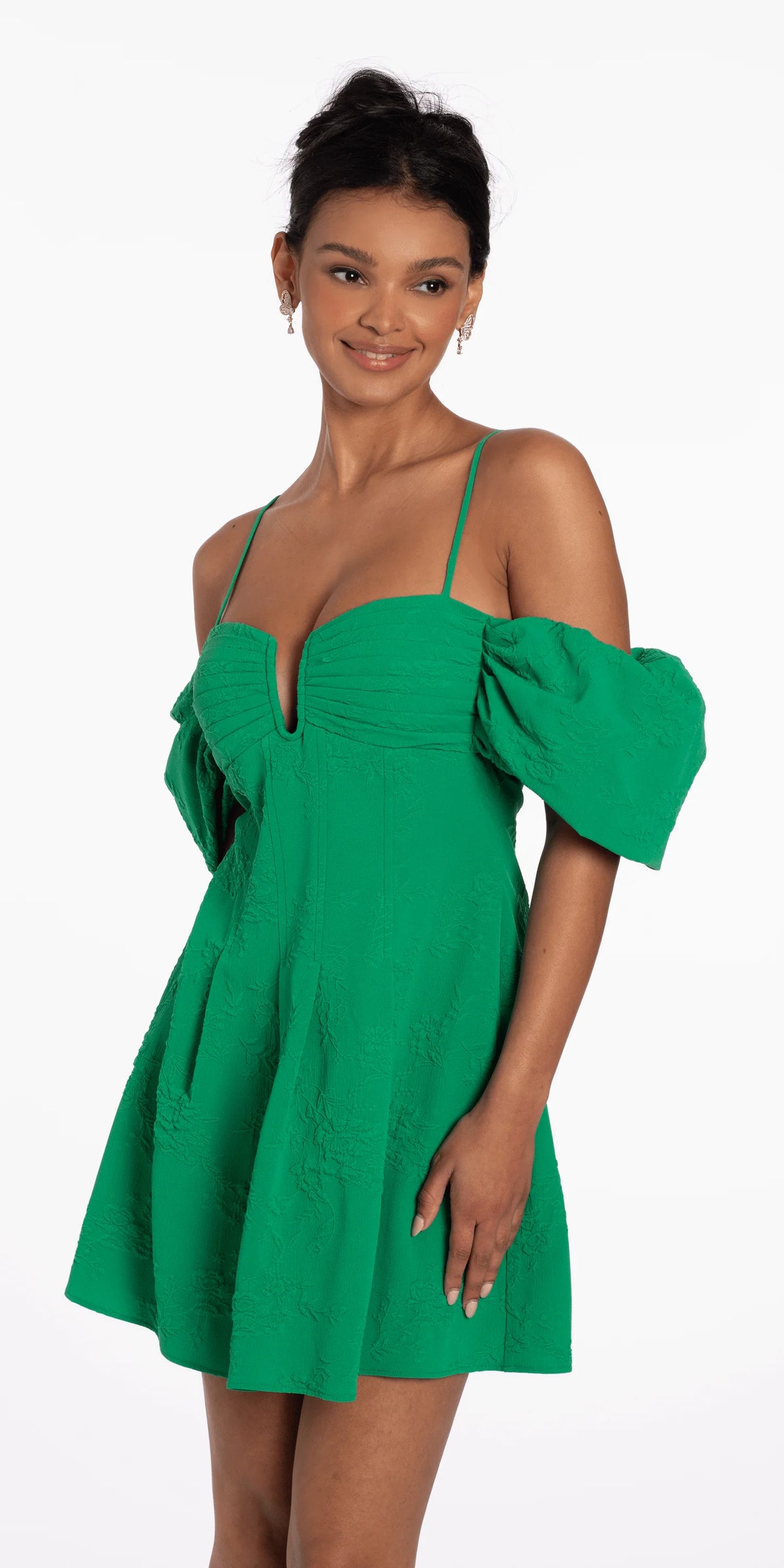 Knit Jacquard Plunge Puff Sleeve Fit and Flare Dress