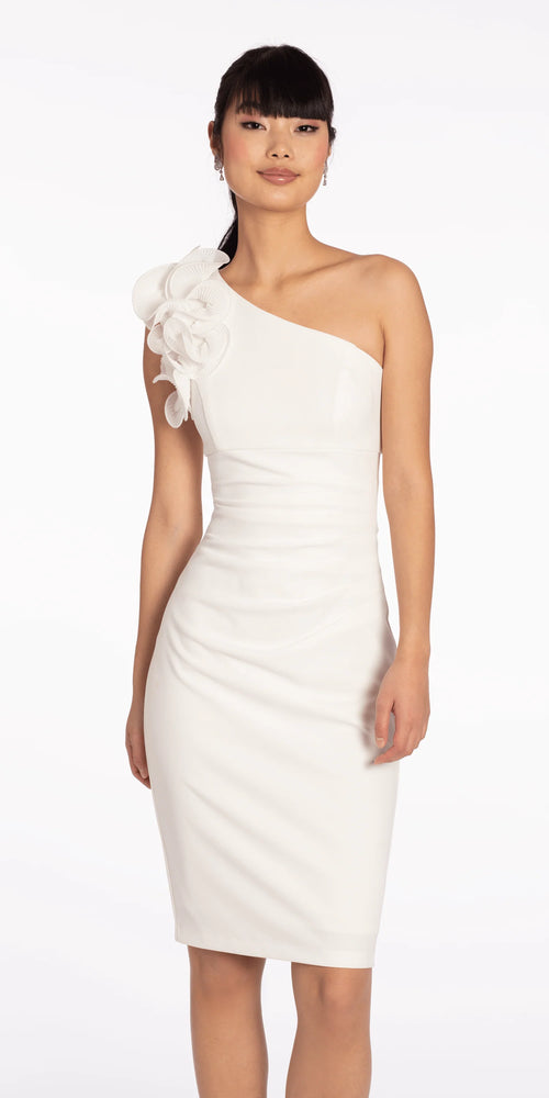 Crepe One Shoulder Ruffle Midi Dress with Ruching
