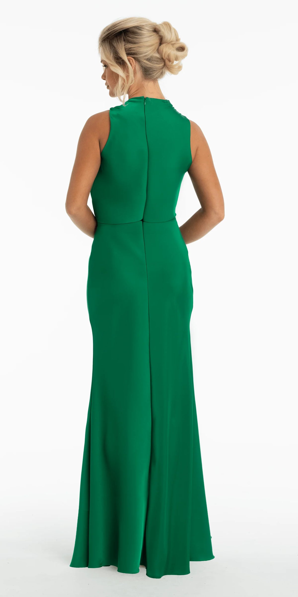 Satin Blouson Column Dress with Asymmetrical Neckline