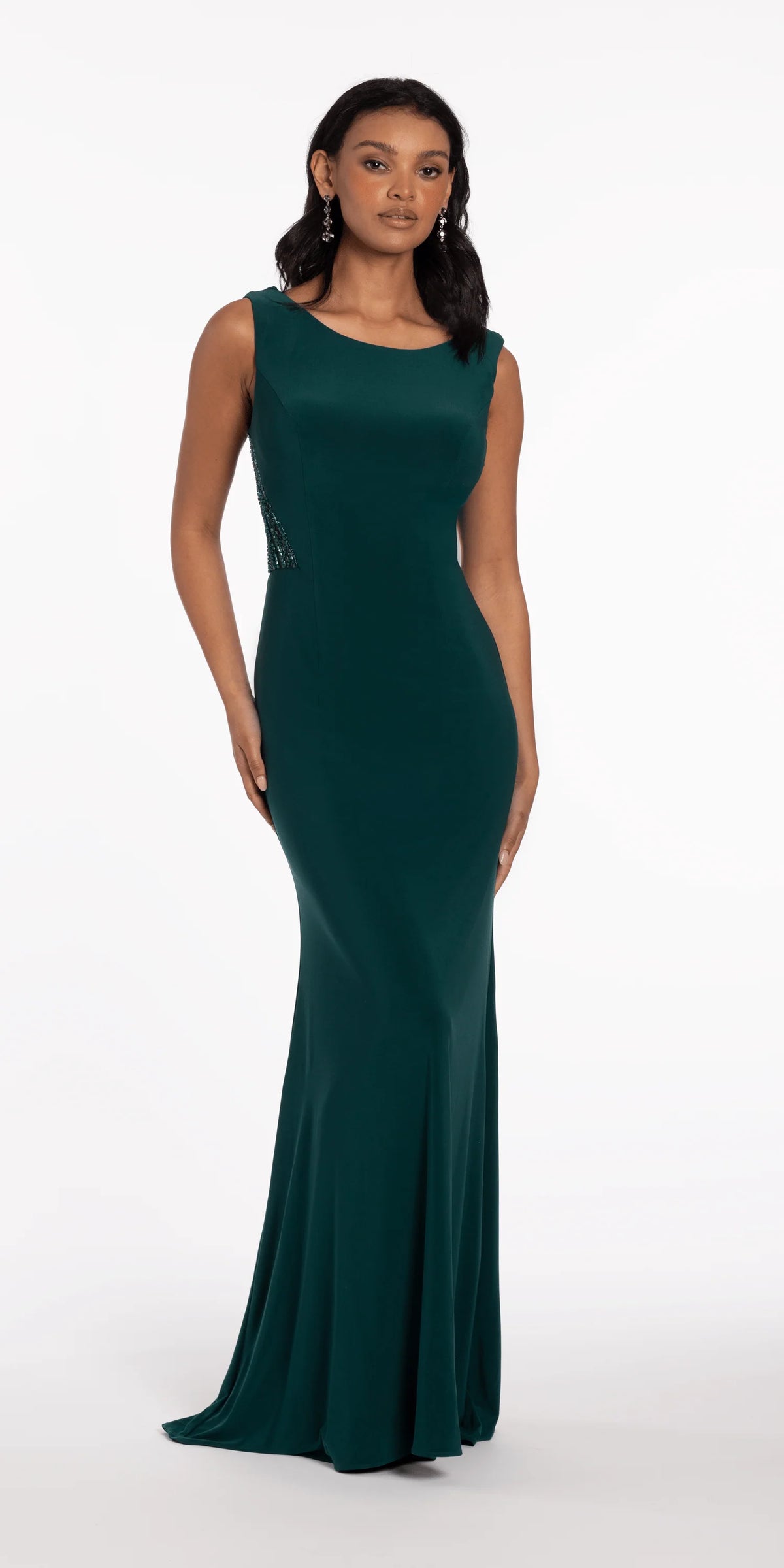 Jersey Drape Back Column Dress with Beaded Side Panels