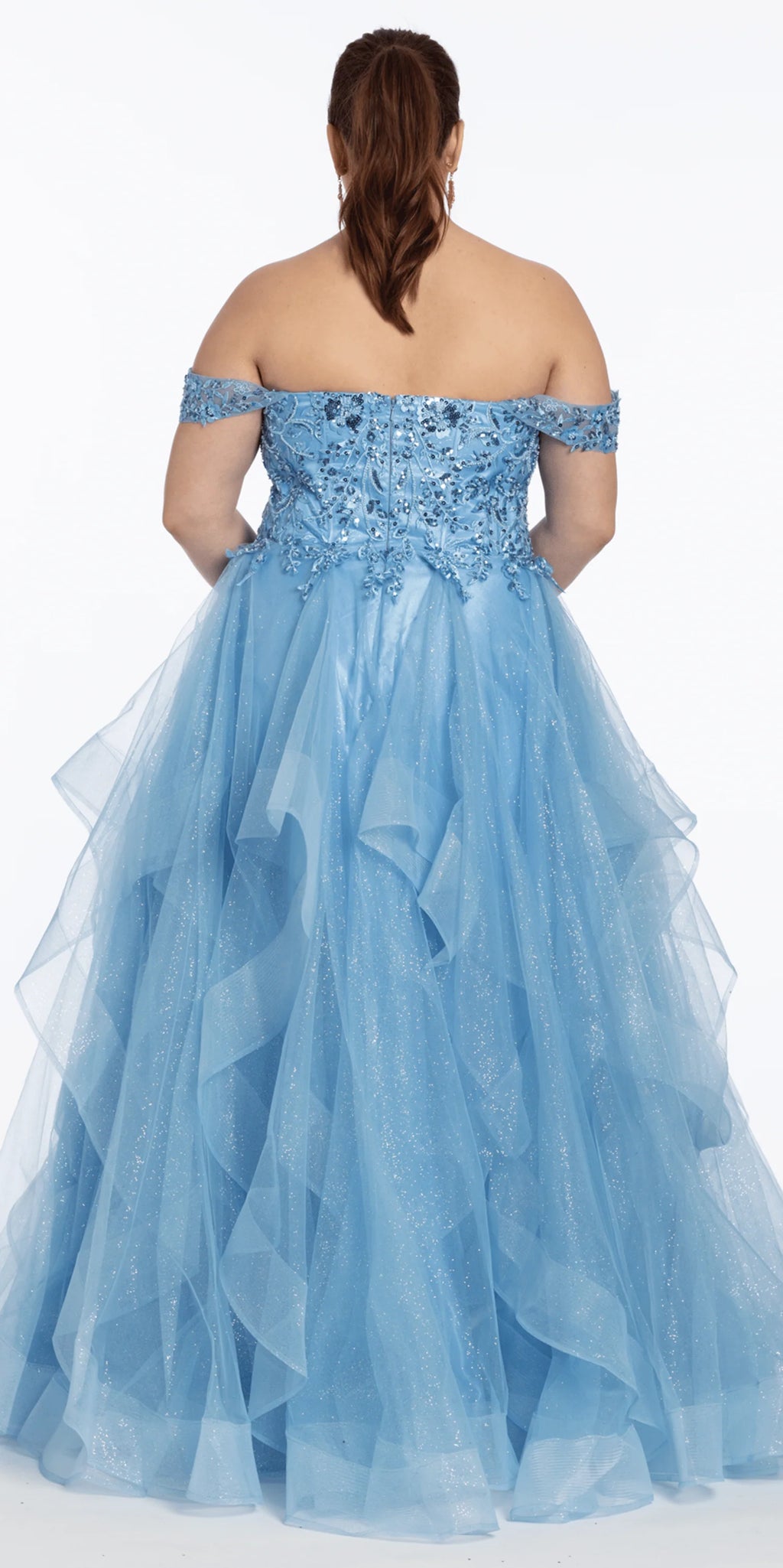 Embroidered Off the Shoulder Beaded Glitter Tulle Tiered Ballgown