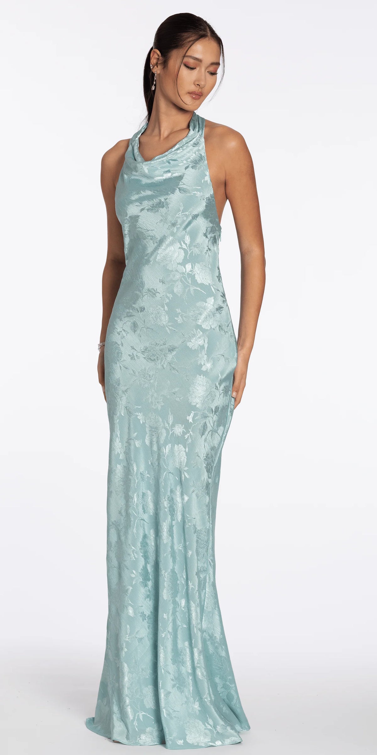 Drape Neck Tie Back Jacquard Column Dress