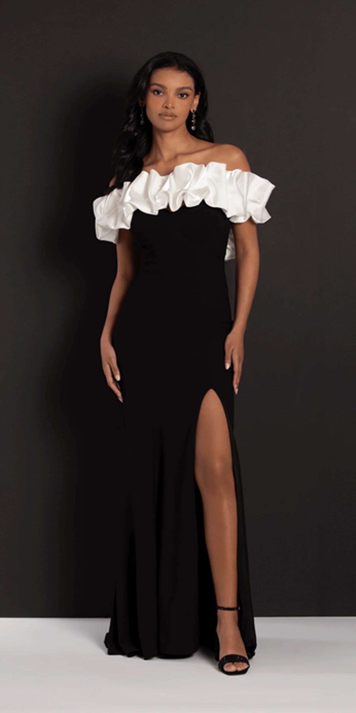 Two Tone Ruffle Off the Shoulder Crepe Trumpet Dress