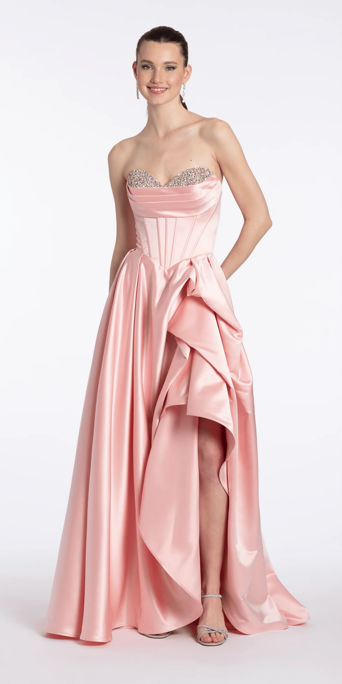 Strapless Satin Rhinestone Corset Dress with Convertible Side Drape