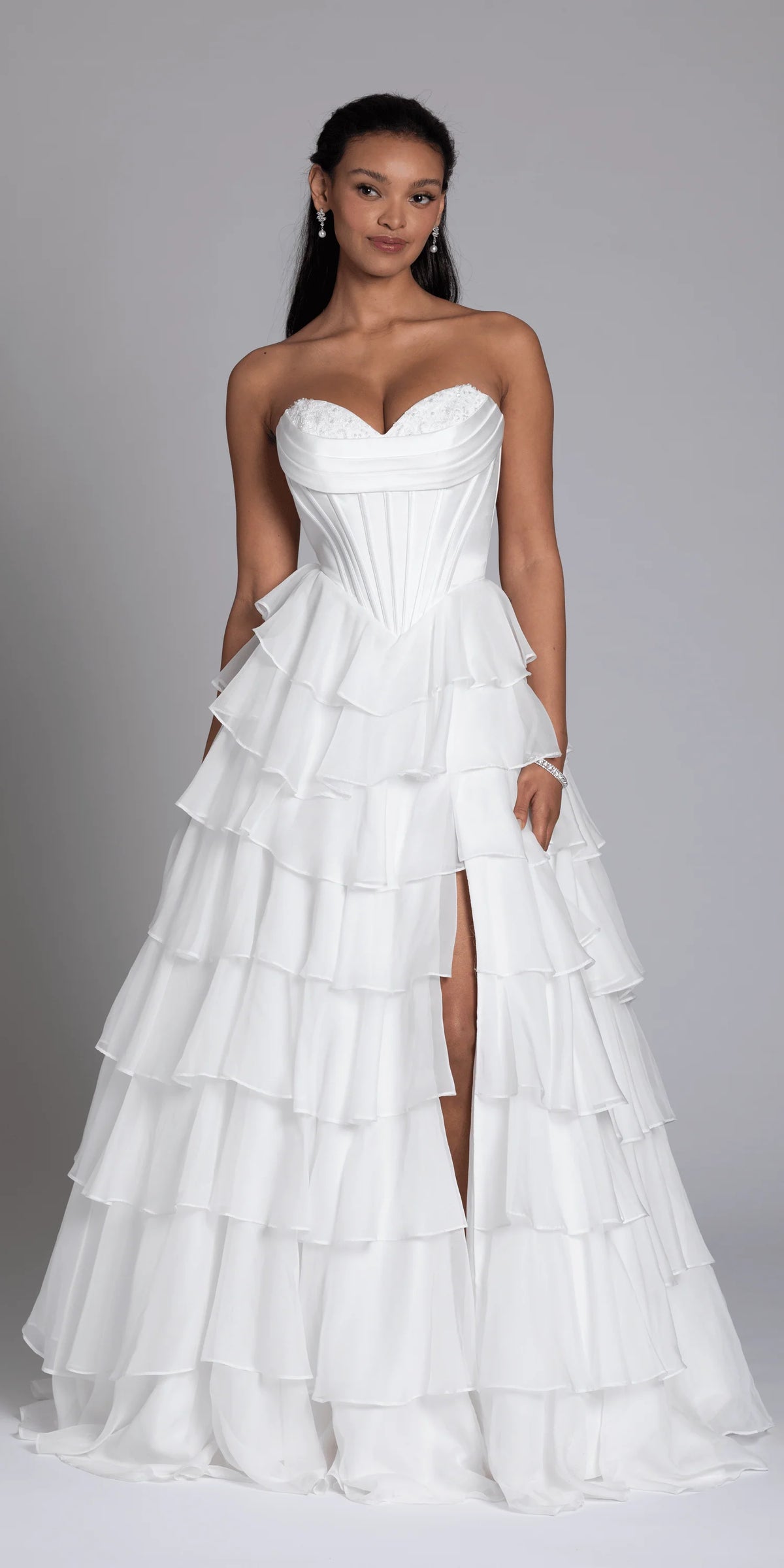 Strapless Tiered Chiffon and Satin Pleated Corset Ballgown
