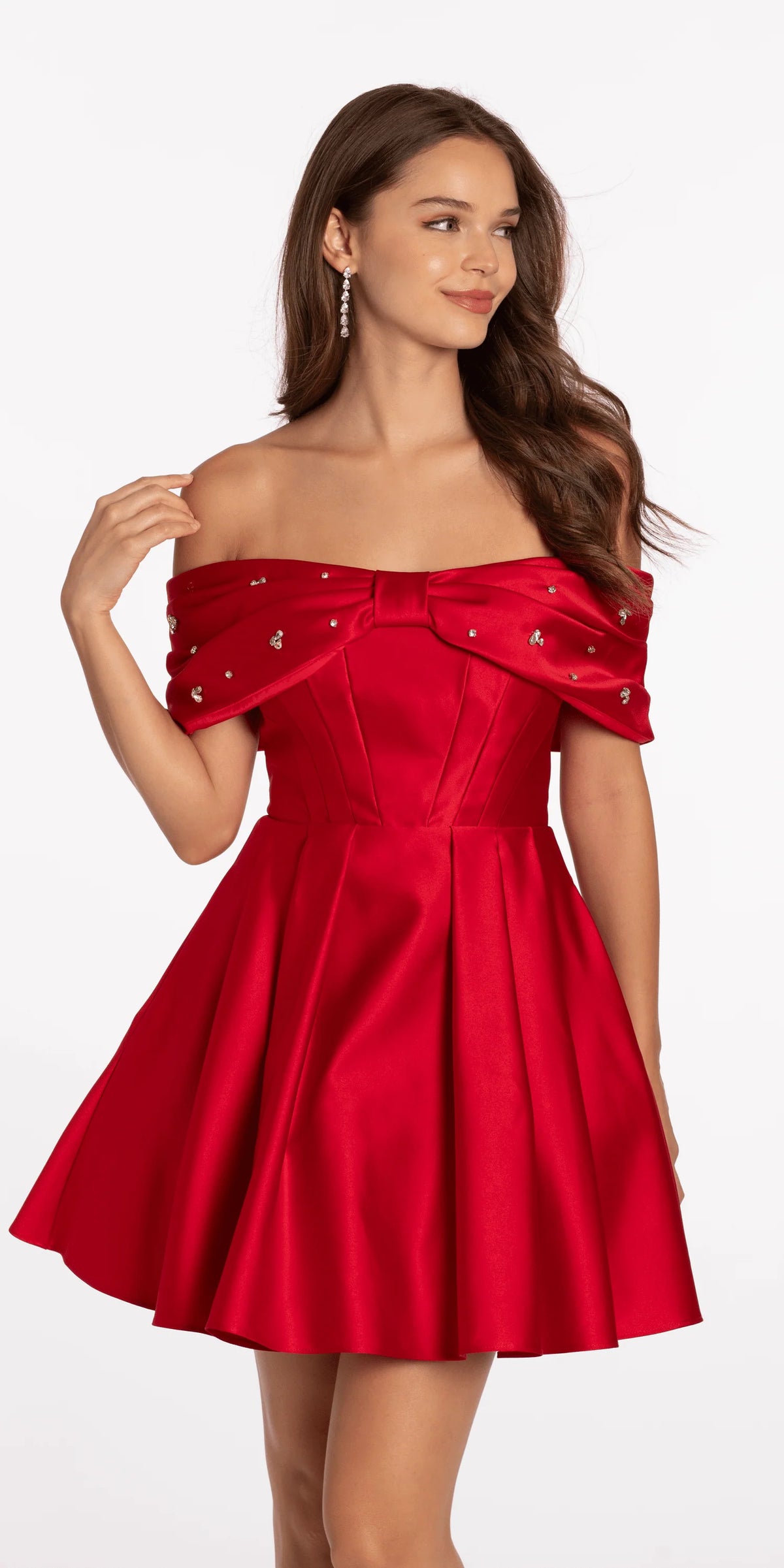 Satin Rhinestone Bow Off the Shoulder Skater Dress