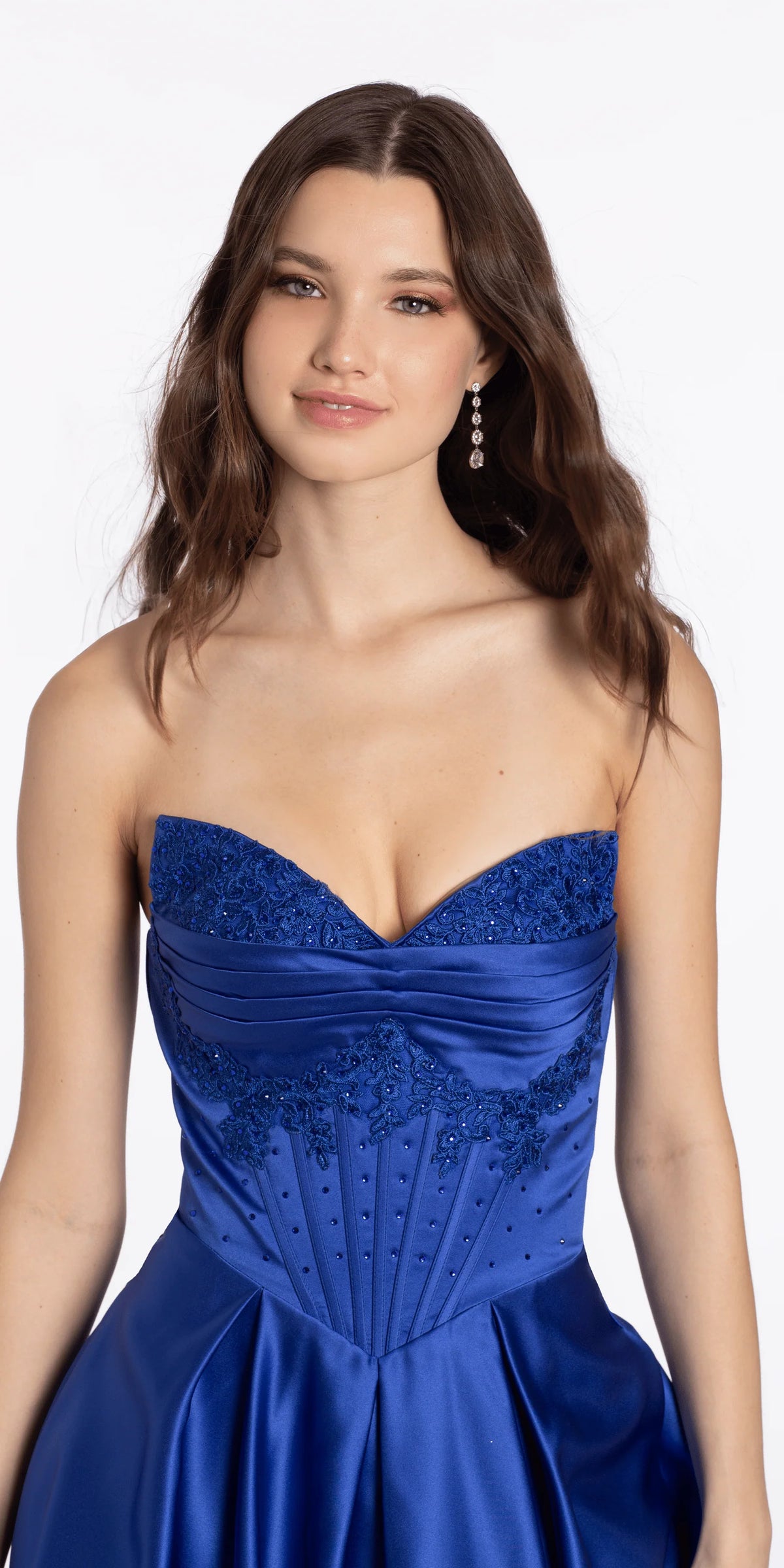 Satin Beaded Strapless Embroidered Corset Ballgown with Pockets