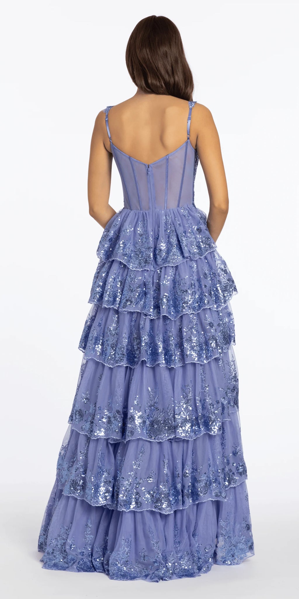 Sequin Embroidered Corset Mesh Tiered Ballgown with Illusion Back