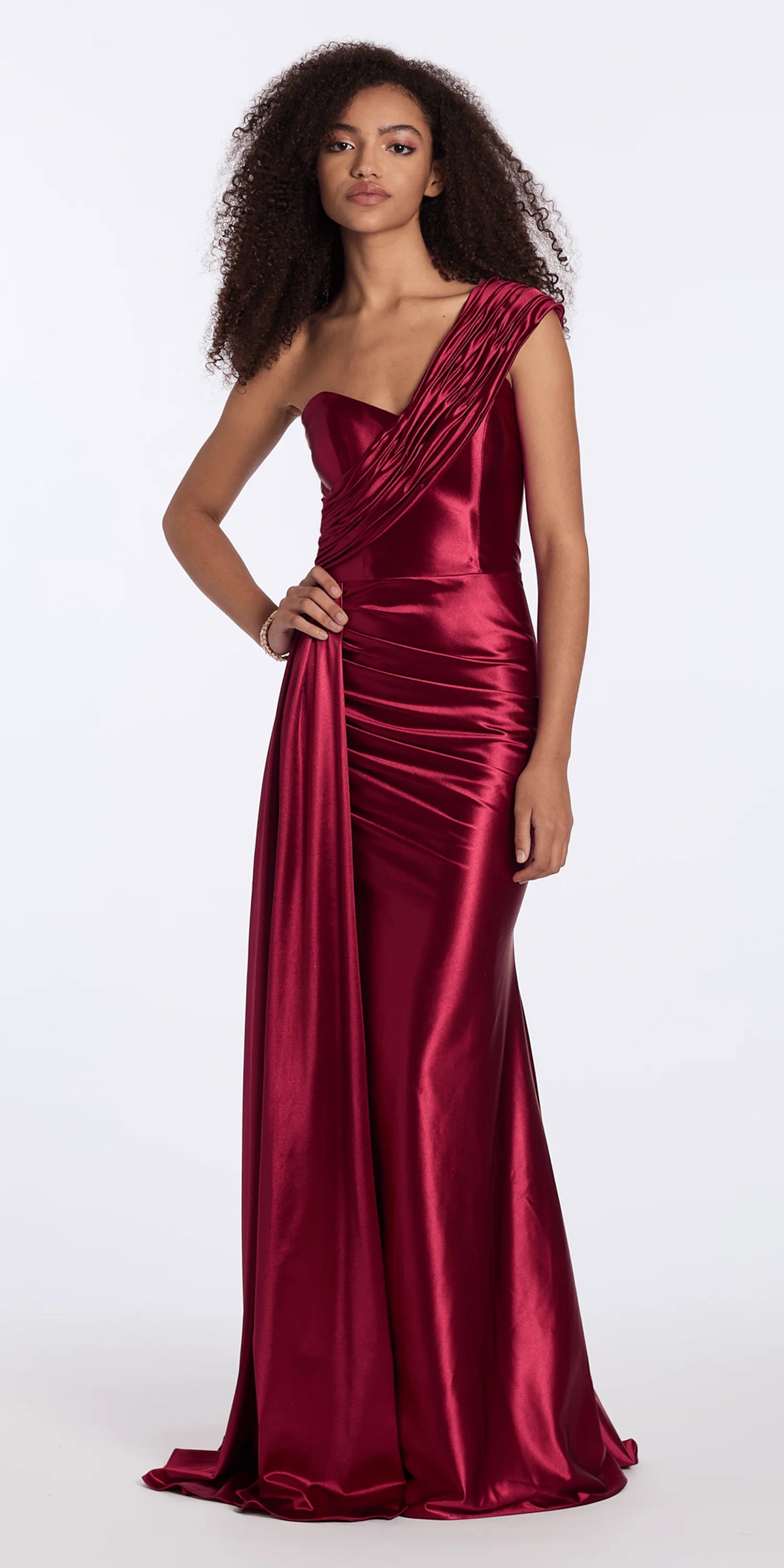 Stretch Satin One Shoulder Column Dress with Cascade