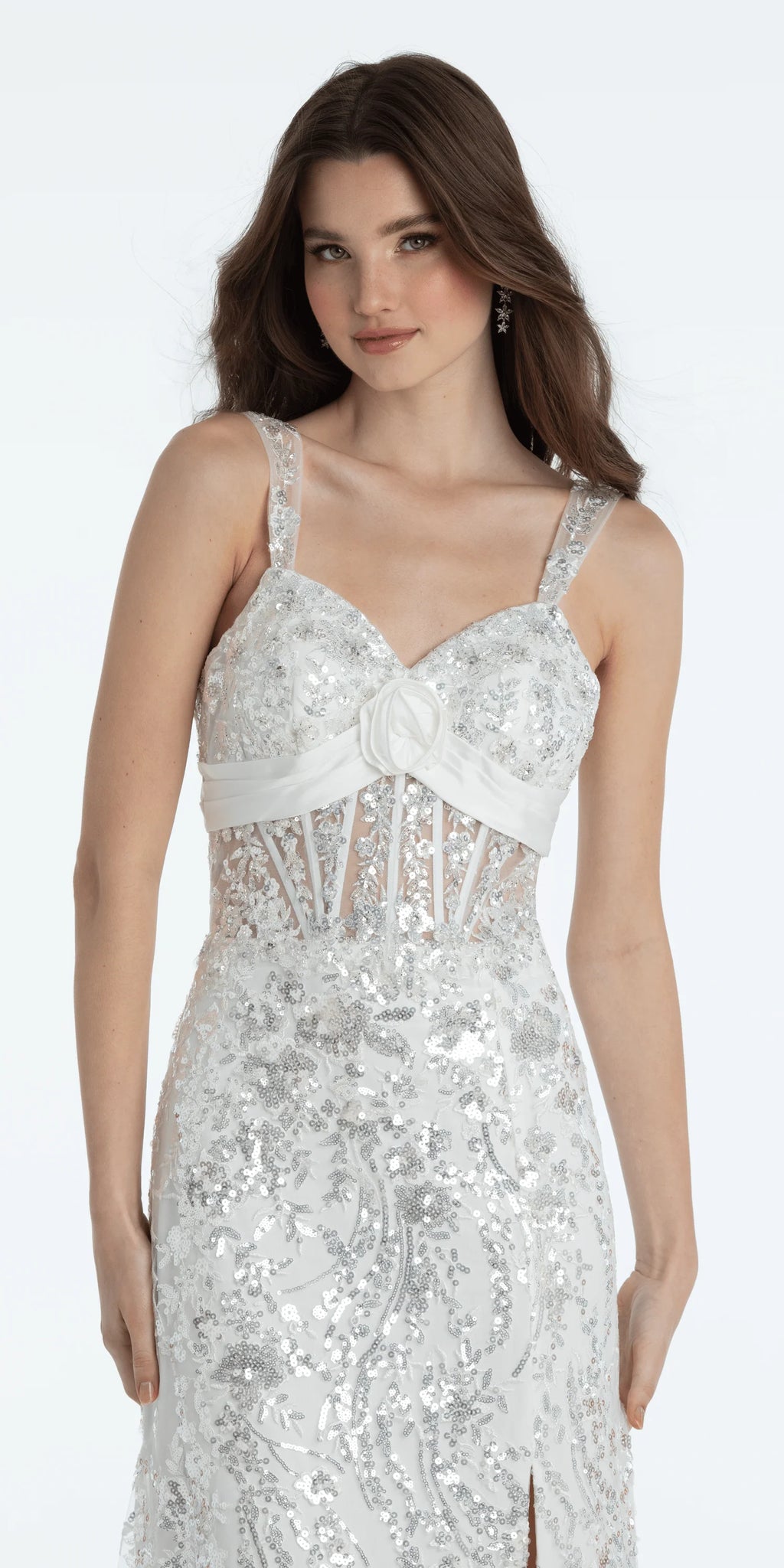 Sequin Illusion Corset Column Dress with Pleated Taffeta Tie Back
