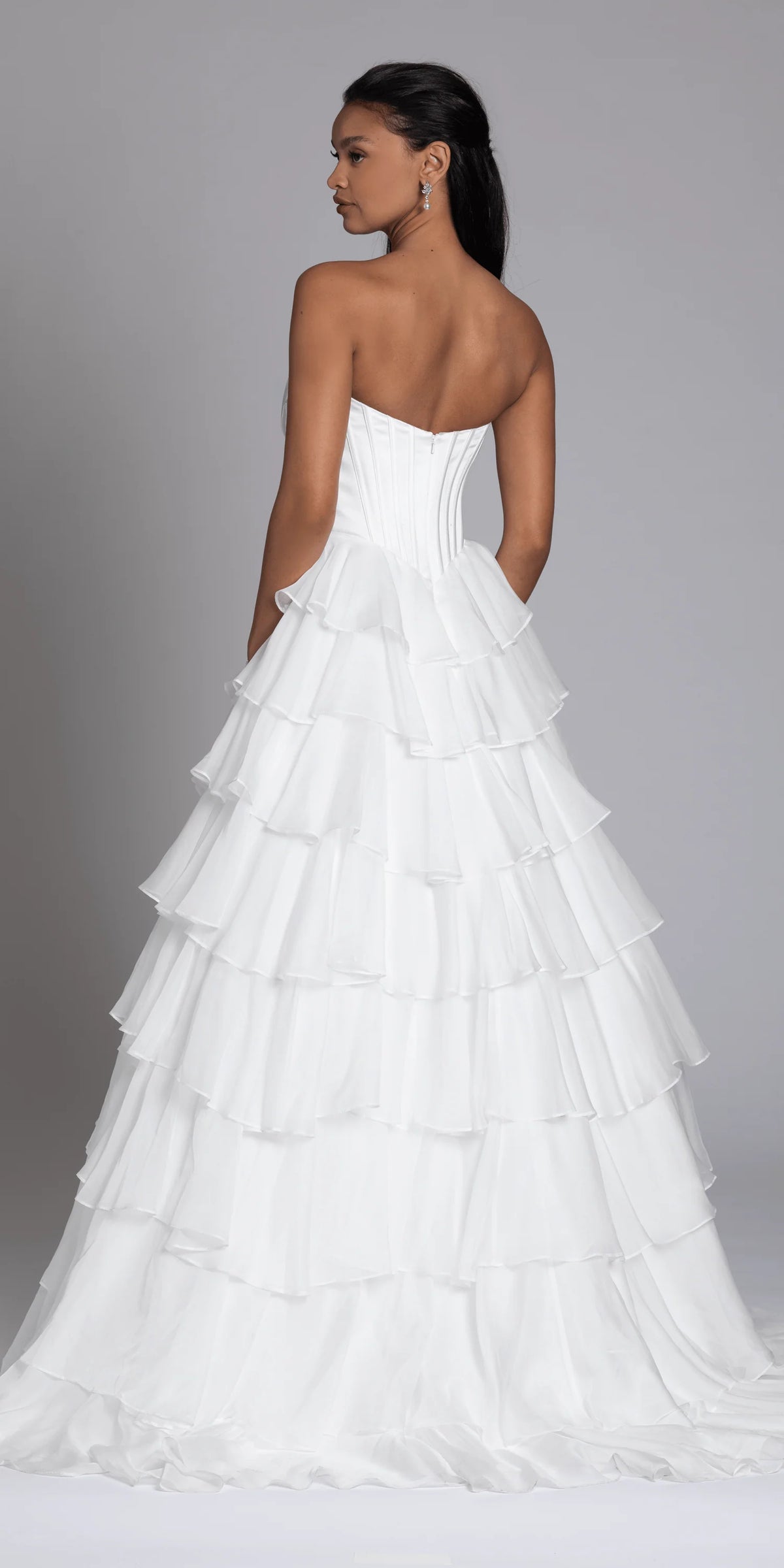 Strapless Tiered Chiffon and Satin Pleated Corset Ballgown