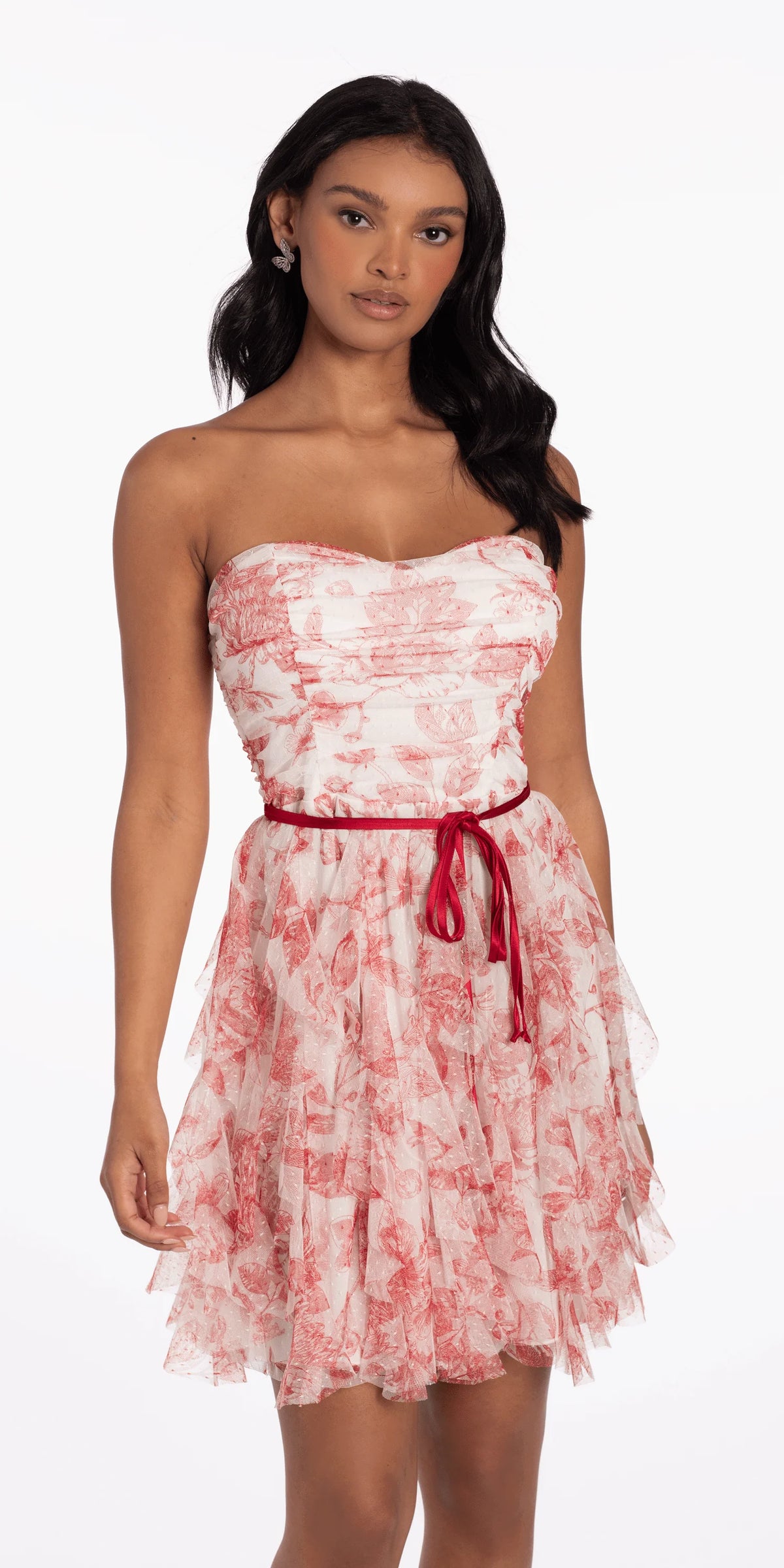 Strapless Floral Mesh Tiered Fit and Flare Dress