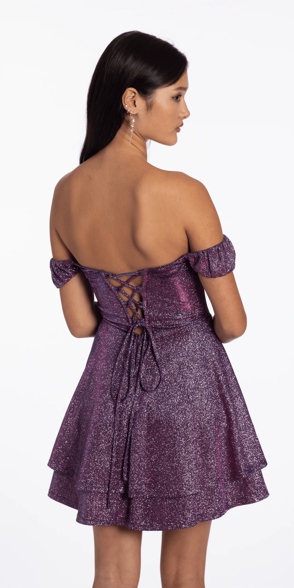 Glitter Metallic Off the Shoulder Tiered Fit and Flare Dress