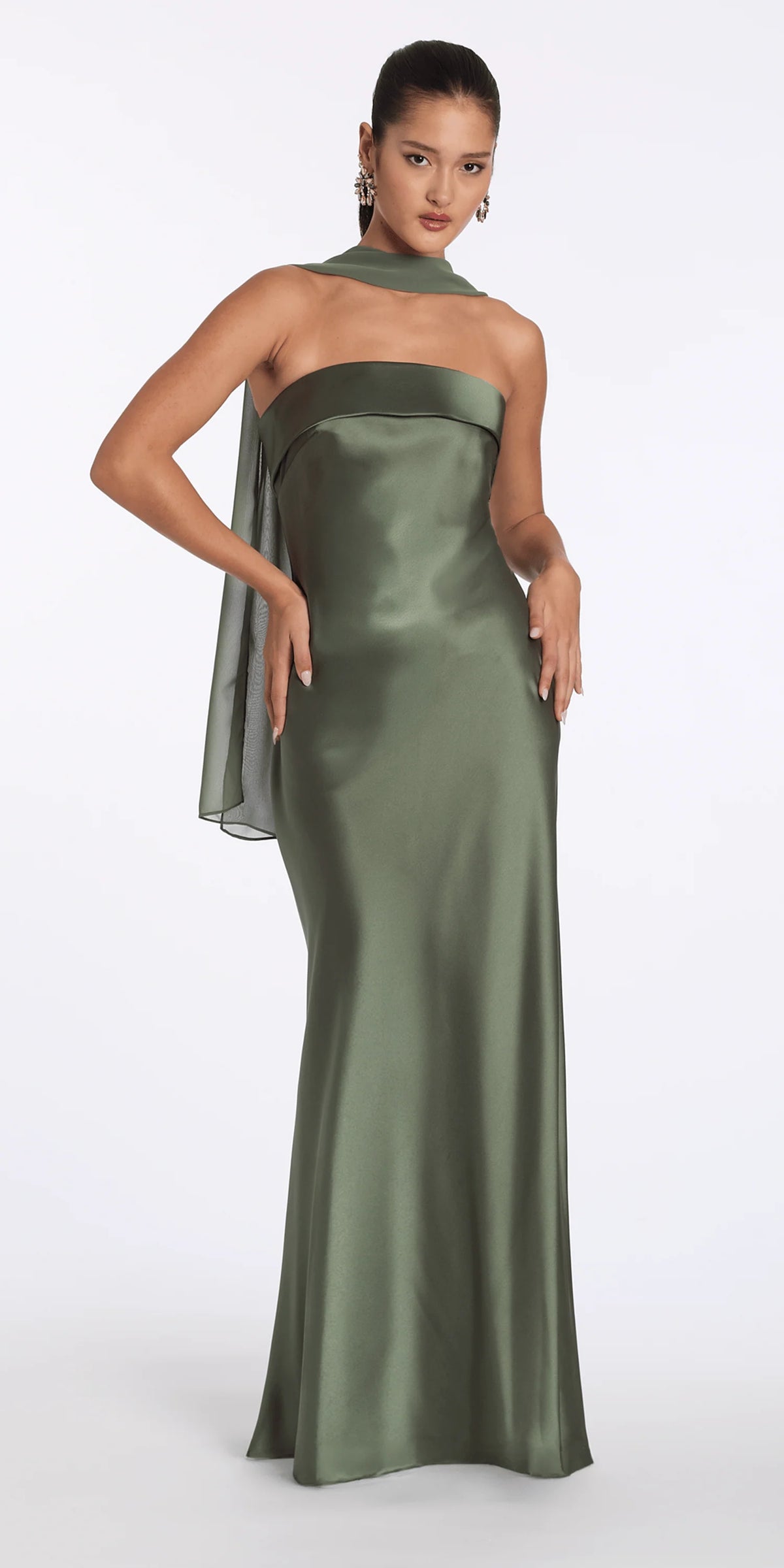 Strapless Satin Cuff Column Dress with Chiffon Shawl