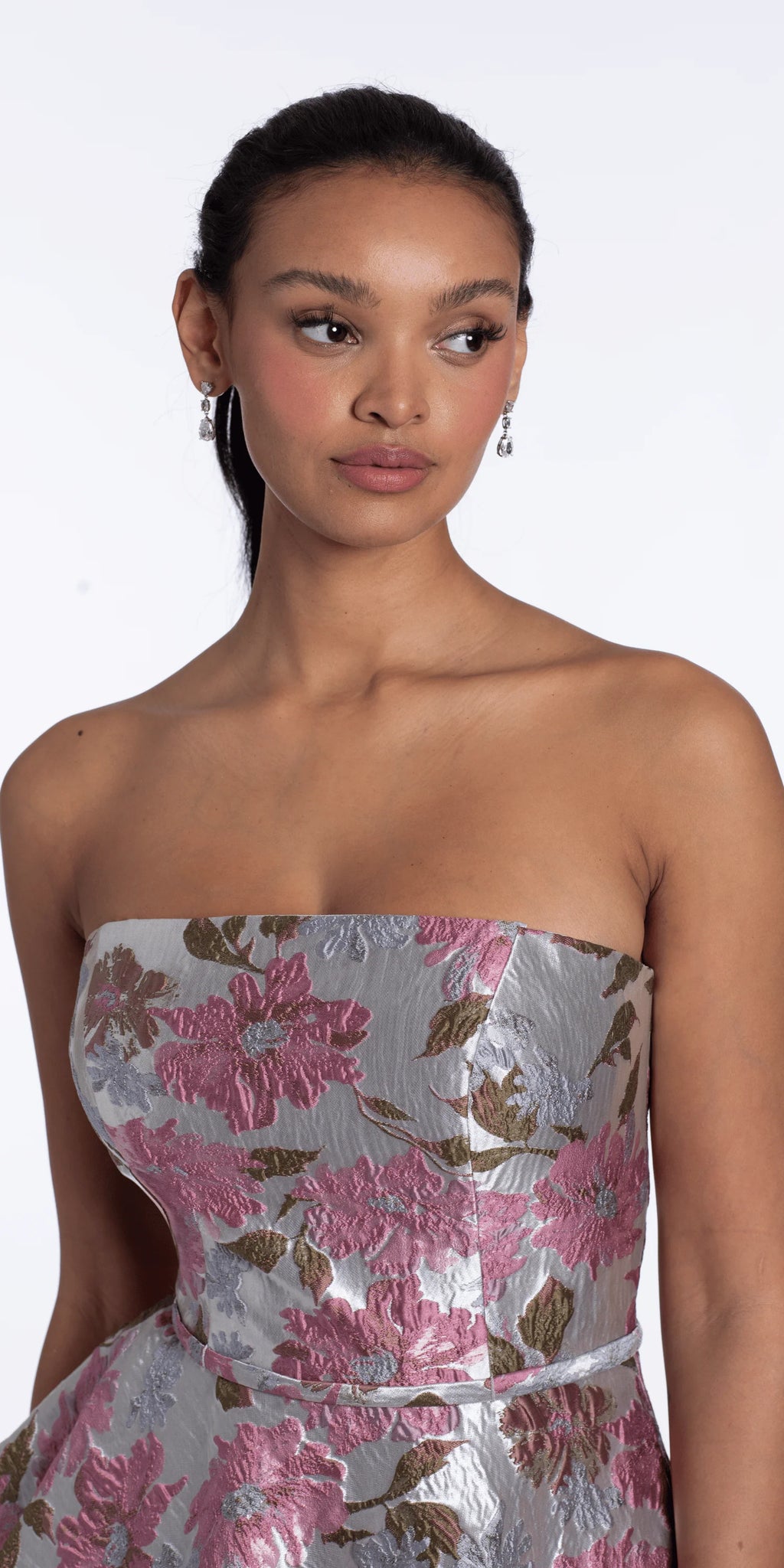 Angled Peplum Strapless Metallic Floral Jacquard Dress