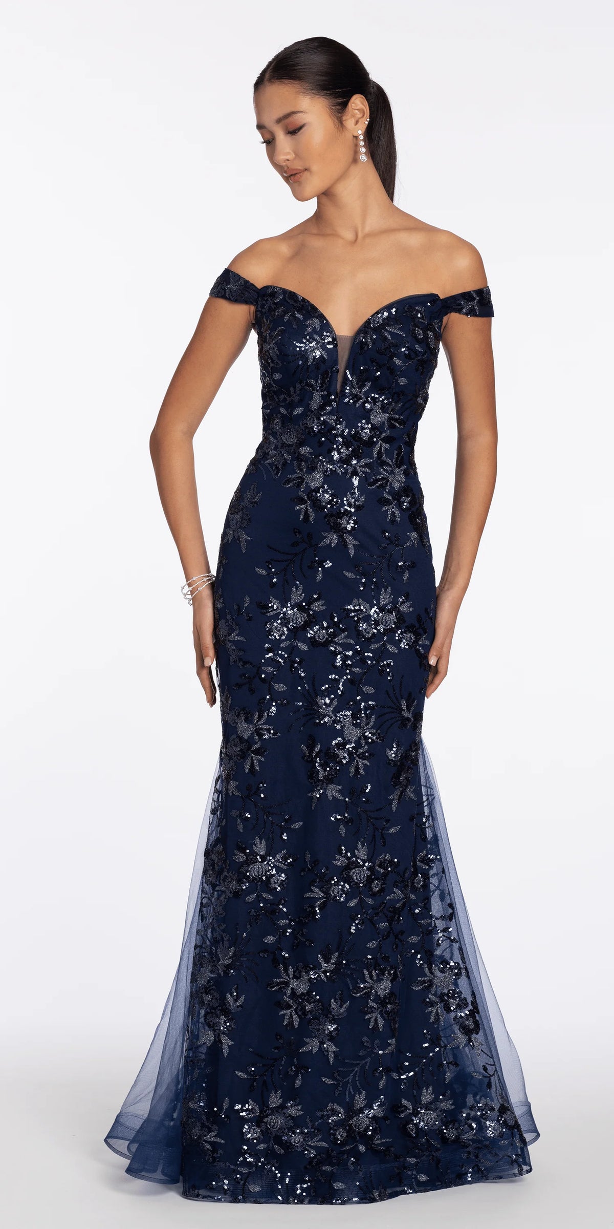 Sequin Embellished Mesh Off the Shoulder Mermaid Dress with Godets