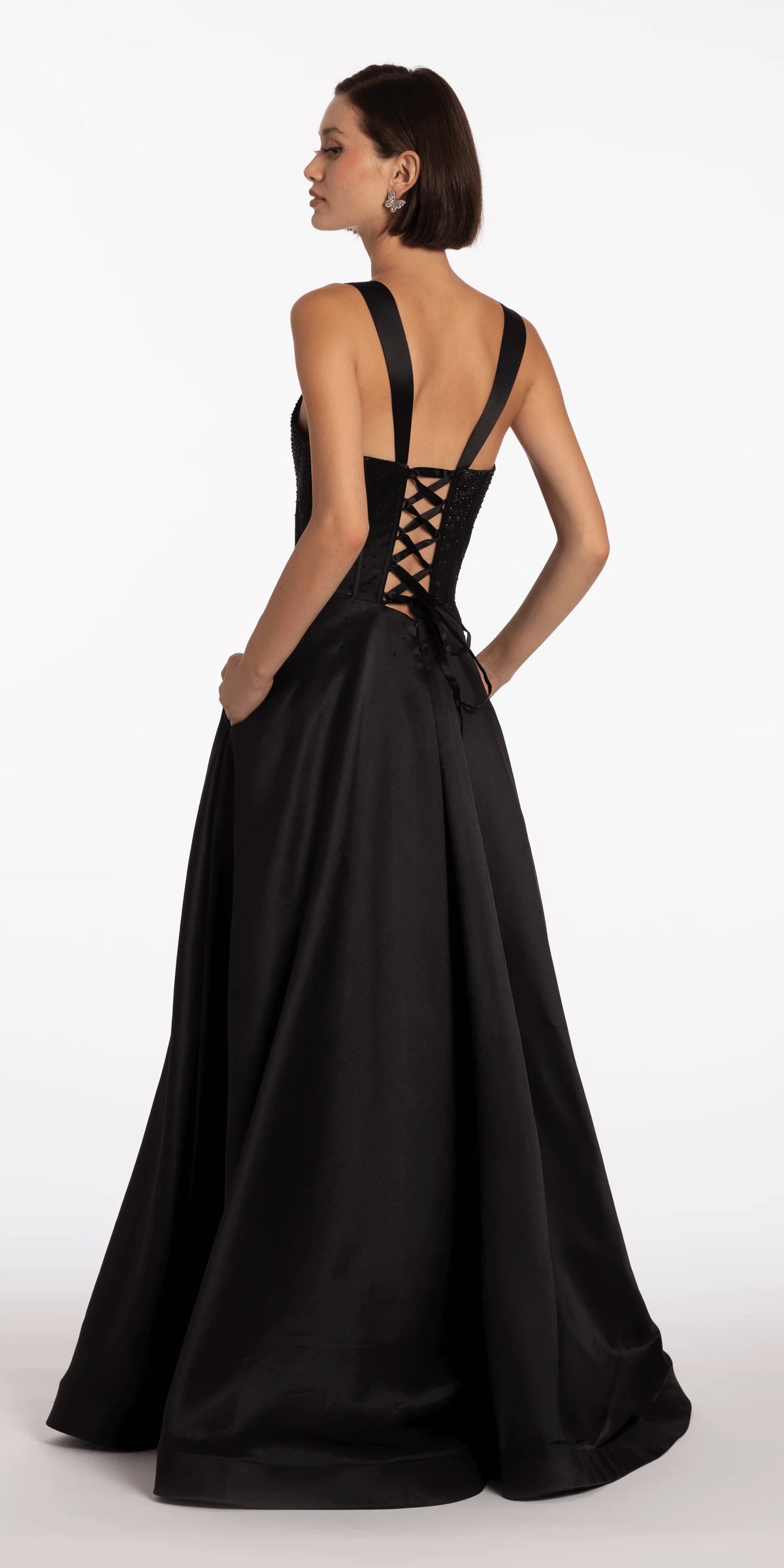 Beaded Satin Sweetheart Corset A Line Dress with Pockets