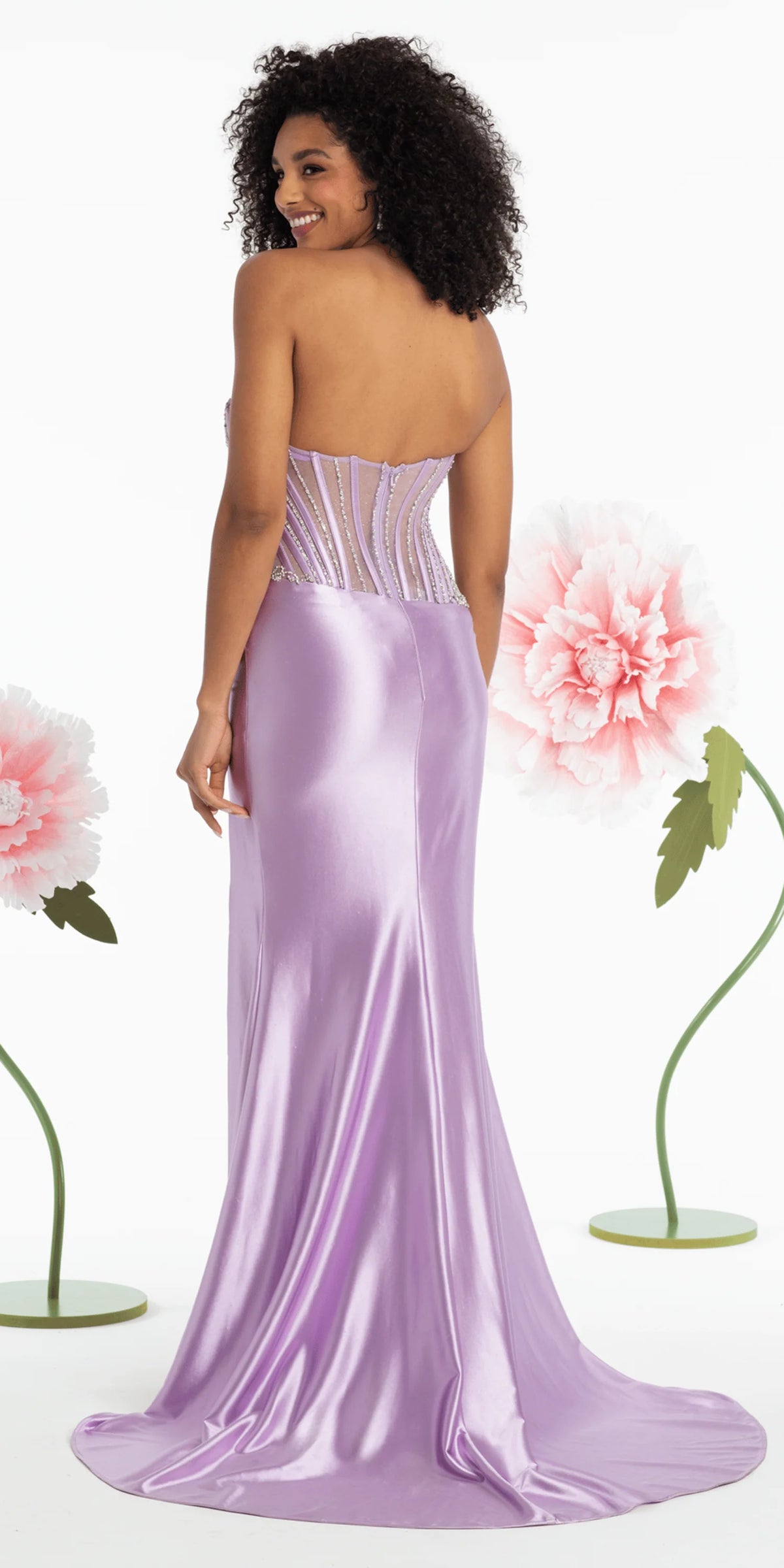Strapless Satin Rhinestone Corset Column Dress
