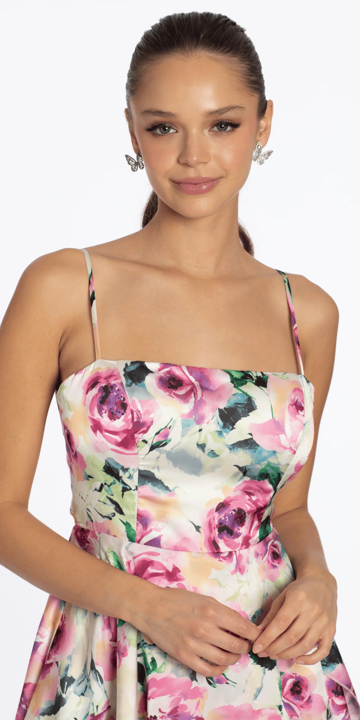 Rose Print Satin Tiered Tie Back Skater Dress