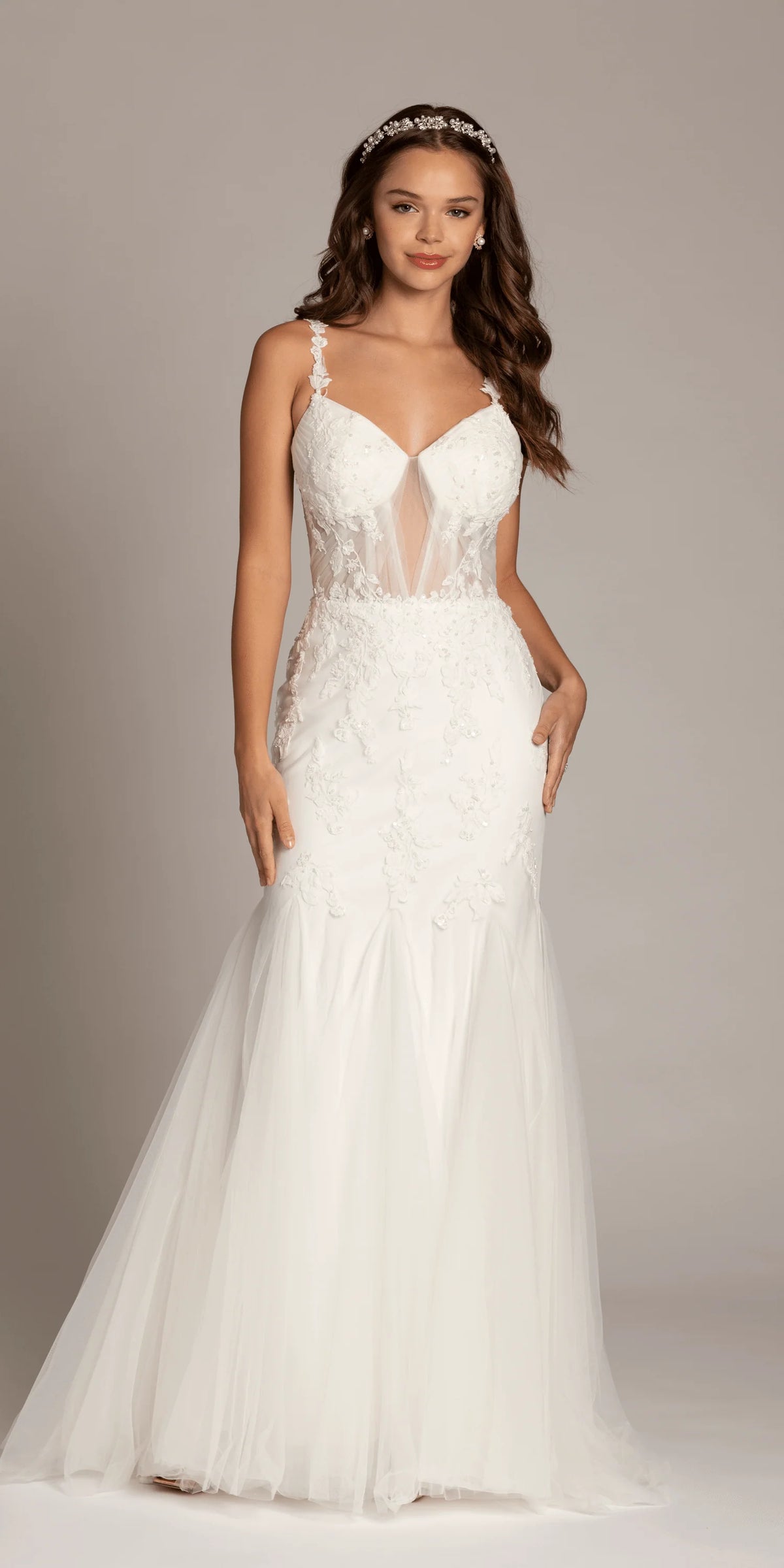 Mesh Sweetheart Plunge Mermaid Dress with Beaded Appliques