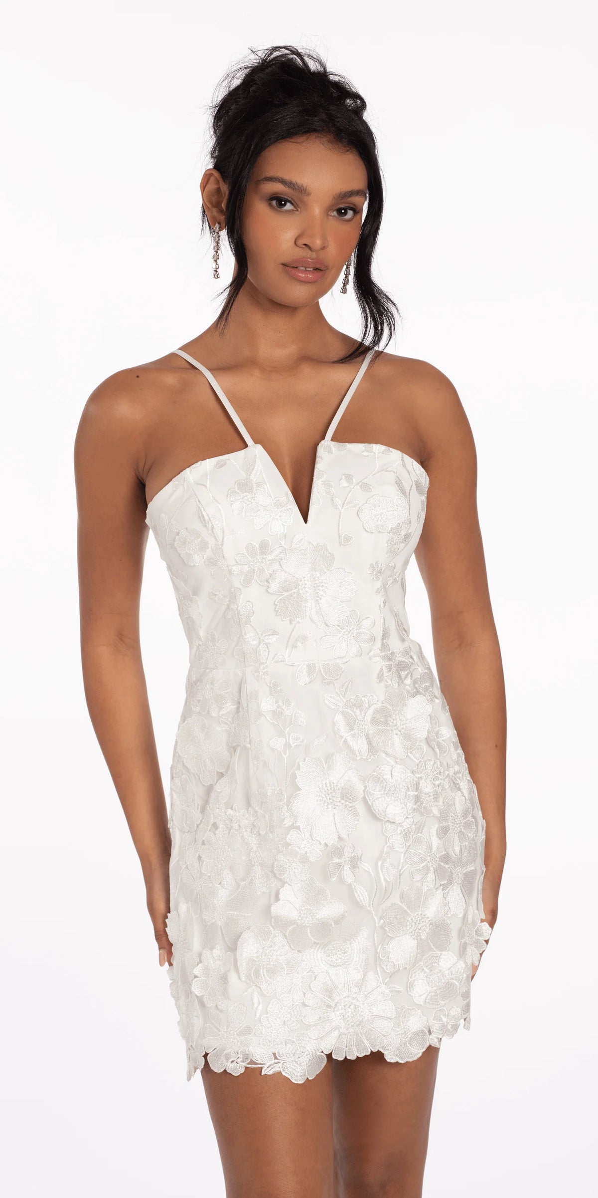 V Notch Halter Mesh 3D Floral Dress with Scalloped Hem